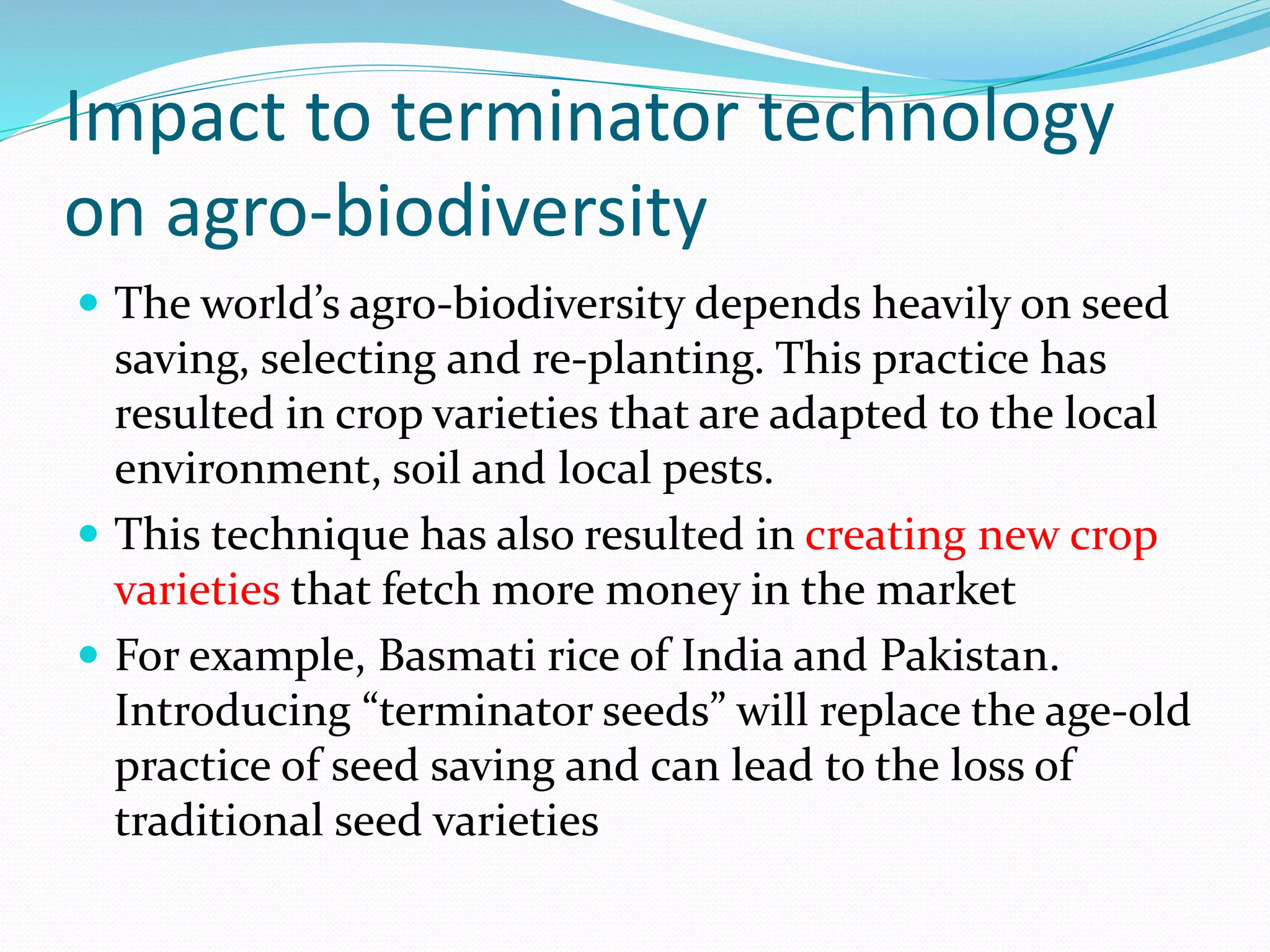 Impact to terminator technology
on agro-biodiversity
 The world’s agro-biodiversity depends heavily on seed
saving, selecting and re-planting. This practice has
resulted in crop varieties that are adapted to the local
environment, soil and local pests.
 This technique has also resulted in creating new crop
varieties that fetch more money in the market
 For example, Basmati rice of India and Pakistan.
Introducing “terminator seeds” will replace the age-old
practice of seed saving and can lead to the loss of
traditional seed varieties
 
