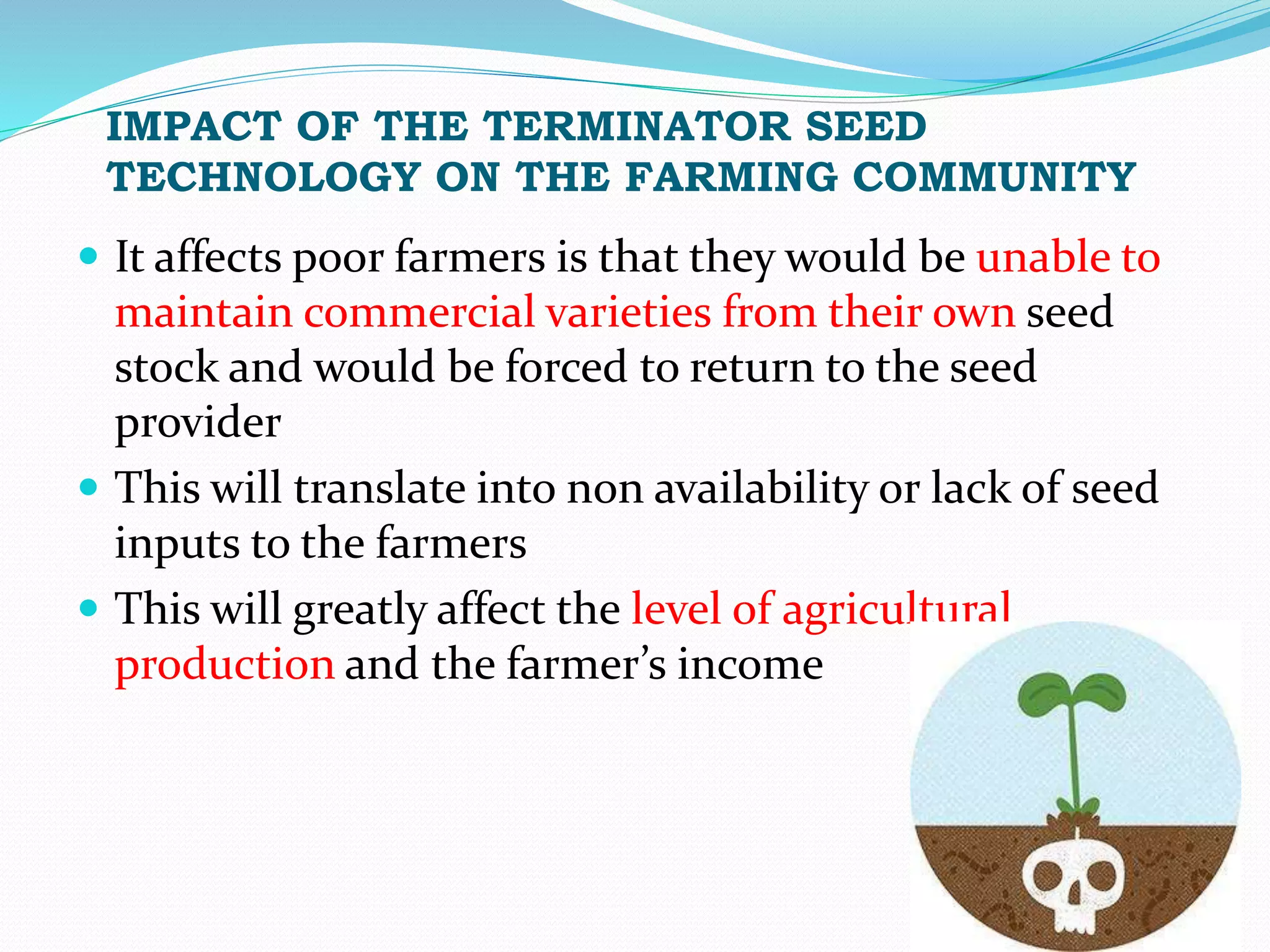 IMPACT OF THE TERMINATOR SEED
TECHNOLOGY ON THE FARMING COMMUNITY
 It affects poor farmers is that they would be unable to
maintain commercial varieties from their own seed
stock and would be forced to return to the seed
provider
 This will translate into non availability or lack of seed
inputs to the farmers
 This will greatly affect the level of agricultural
production and the farmer’s income
 