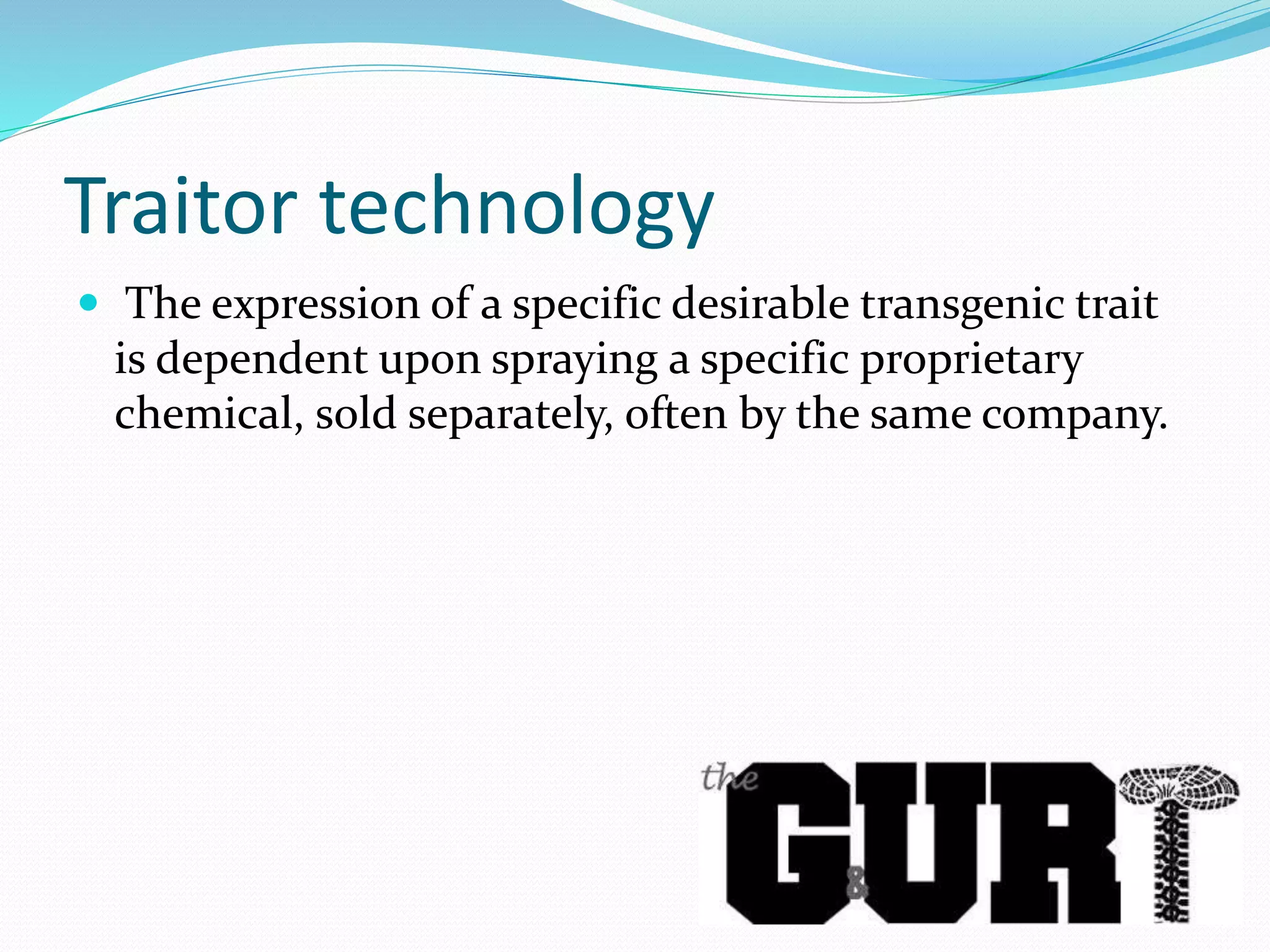 Traitor technology
 The expression of a specific desirable transgenic trait
is dependent upon spraying a specific proprietary
chemical, sold separately, often by the same company.
 
