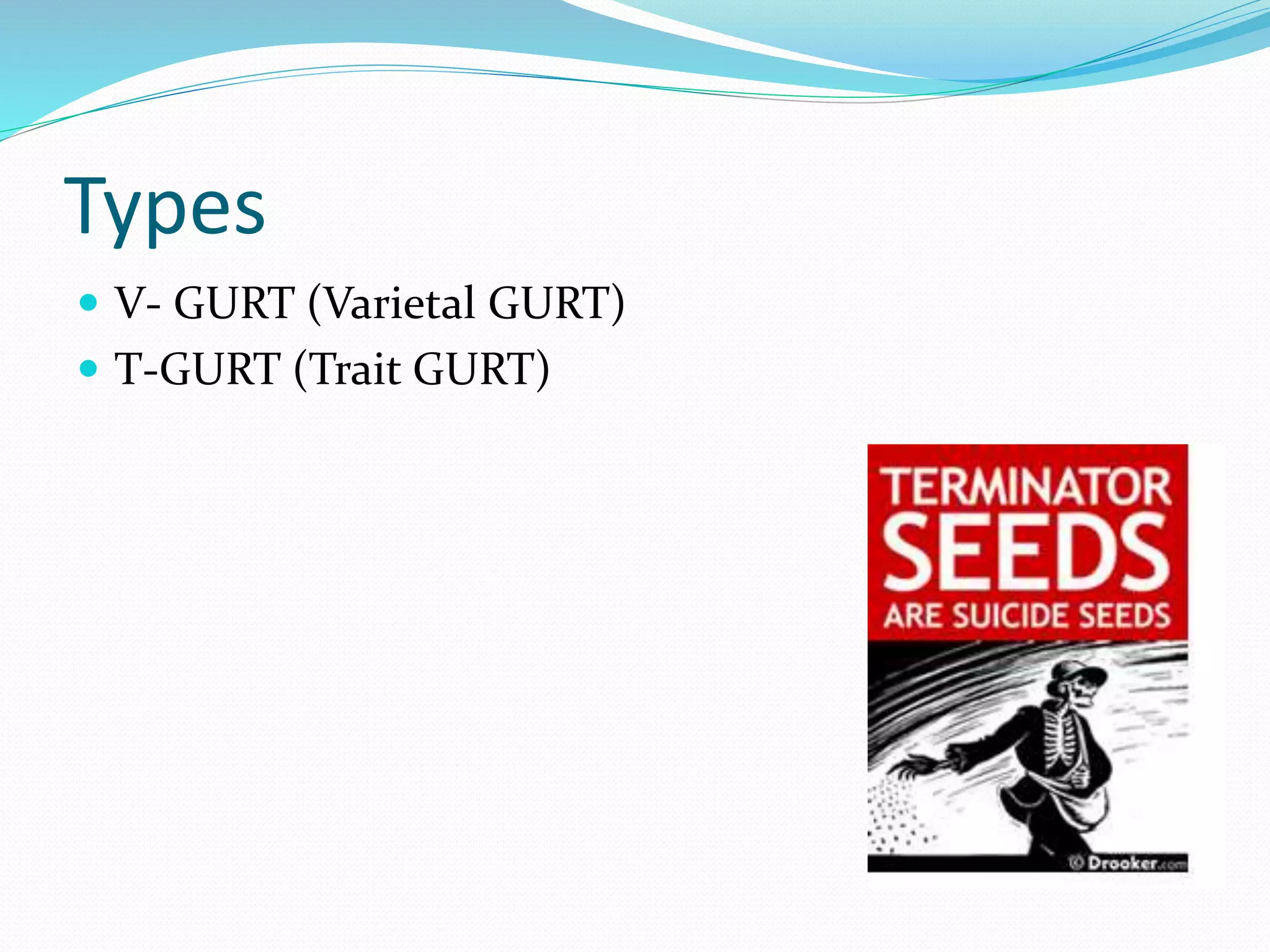 Types
 V- GURT (Varietal GURT)
 T-GURT (Trait GURT)
 
