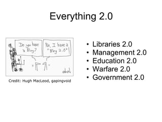 Everything 2.0 Libraries 2.0 Management 2.0  Education 2.0 Warfare 2.0 Government 2.0 Credit: Hugh MacLeod, gapingvoid 
