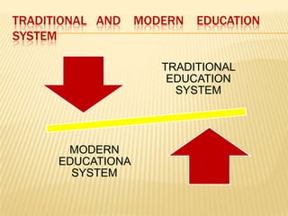 TRADITIONAL AND MODERN EDUCATION
SYSTEM

                   TRADITIONAL
                    EDUCATION
                     SYSTEM




      MODERN
     EDUCATIONA
       SYSTEM
 