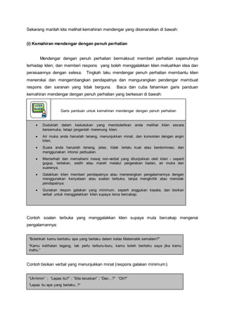 Sekarang marilah kita melihat kemahiran mendengar yang disenaraikan di bawah:
(i) Kemahiran mendengar dengan penuh perhatian
Mendengar dengan penuh perhatian bermaksud memberi perhatian sepenuhnya
terhadap klien, dan memberi respons yang boleh menggalakkan klien meluahkan idea dan
perasaannya dengan selesa. Tingkah laku mendengar penuh perhatian membantu klien
menerokai dan mengembangkan pendapatnya dan mengurangkan pendengar membuat
respons dan saranan yang tidak berguna. Baca dan cuba fahamkan garis panduan
kemahiran mendengar dengan penuh perhatian yang berkesan di bawah:
Garis panduan untuk kemahiran mendengar dengan penuh perhatian
 Duduklah dalam kedudukan yang membolehkan anda melihat klien secara
bersemuka, tetapi janganlah merenung klien.
 Air muka anda haruslah tenang, menunjukkan minat, dan konsisten dengan angin
klien.
 Suara anda haruslah tenang, jelas, tidak terlalu kuat atau berdominasi, dan
menggunakan intonsi perbualan.
 Memerhati dan memahami mesej non-verbal yang ditunjukkan oleh klien - seperti
gugup, tertekan, sedih atau marah melalui pergerakan badan, air muka dan
suaranya.
 Galakkan klien memberi pendapatnya atau menerangkan pengalamannya dengan
menggunakan kenyataan atau soalan terbuka, tanpa mengkritik atau menolak
pendapatnya.
 Gunakan respon galakan yang minimum, seperti anggukan kepala, dan bisikan
verbal untuk menggalakkan klien supaya terus bercakap.
Contoh soalan terbuka yang menggalakkan klien supaya mula bercakap mengenai
pengalamannya:
“Bolehkah kamu beritahu apa yang berlaku dalam kelas Matematik semalam?”
“Kamu kelihatan tegang, tak perlu terburu-buru, kamu boleh beritahu saya jika kamu
mahu.”
Contoh bisikan verbal yang menunjukkan minat (respons galakan minimum):
“Uh-hmm” ; “Lepas itu?” ; “Sila teruskan” ; “Dan…?” “Oh?”
“Lepas itu apa yang berlaku..?”
 