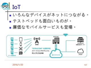 IoT
 いろんなデバイスがネットにつながる。
 テストベッドも面白いものが。
 廉価なモバイルサービスも登場。
2016/1/30 107
 