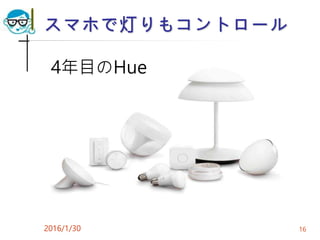 スマホで灯りもコントロール
2016/1/30 16
4年目のHue
 