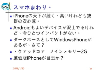 スマホまわり。
 iPhoneの天下が続く、高いけれども抜
群の安心感。
 Androidもよいデバイスが沢山でるけれ
ど、今ひとつインパクトがない。
 ダークホースとしてWindowsPhoneが
あるが、さて？
 ・クアッドコア メインメモリー2G
 廉価版iPhoneが目玉か？
2016/1/30 34
 
