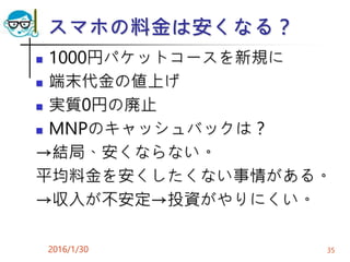 スマホの料金は安くなる？
 1000円パケットコースを新規に
 端末代金の値上げ
 実質0円の廃止
 MNPのキャッシュバックは？
→結局、安くならない。
平均料金を安くしたくない事情がある。
→収入が不安定→投資がやりにくい。
2016/1/30 35
 