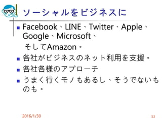 ソーシャルをビジネスに
 Facebook、LINE、Twitter、Apple、
Google、Microsoft、
そしてAmazon。
 各社がビジネスのネット利用を支援。
 各社各様のアプローチ
 うまく行くモノもあるし、そうでないも
のも。
2016/1/30 53
 