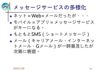 メッセージサービスの多様化
 ネット＝Web+メールだったが、、、
 モバイル＝アプリ＝メッセージサービス
がキーになる。
 もともとSMS（ショートメッセージ）
 メール（キャリアメール、インターネッ
トメール、Gメール）が一時普及したが
次第に衰退。
2016/1/30 64
 