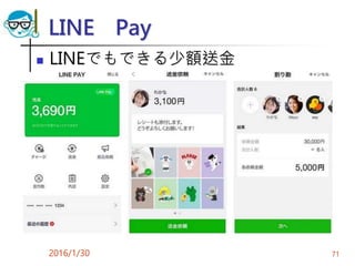 LINE Pay
 LINEでもできる少額送金
2016/1/30 71
 