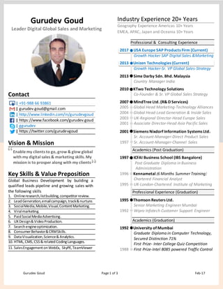 Gurudev Goud Page 1 of 3 Feb-17
Industry Experience 20+ Years
Geography Experience Americas 10+ Years
EMEA, APAC, Japan and Oceania 10+ Years
Professional & Consulting Experience
2017 USA Europe SAP Products Firm (Current)
Growth Hacker SAP Digital Sales &Marketing
2013 Unizen Technologies (Current)
Growth Hacker-Sr. VP Global Sales-Strategy
2013 Sime Darby Sdn. Bhd. Malaysia
Country Manager India
2010 KTwo Technology Solutions
Co-Founder & Sr. VP Global Sales Strategy
2007
2005
2004
2003
2001
MindTree Ltd. (R& D Services)
Global Head Marketing-Technology Alliances
Global Head-Lead Generation & Inside Sales
UK-Regional Director-Head Europe Sales
Associate Director-Head Asia Pacific Sales
2001
1997
Siemens Nixdorf Information Systems Ltd.
Sr. Account-Manager-Direct Product Sales
Sr. Account-Manager-Channel Sales
Academics (Post Graduation)
1997
1996
1995
ICFAI Business School (IBS Bangalore)
Post Graduate Diploma in Business
Administration
Kennametal (6 Months Summer Training)
Chartered Financial Analyst
UK-London-Chartered Institute of Marketing
Professional Experience (Graduation)
1995
1992
Thomson Reuters Ltd.
Senior Marketing Engineer Mumbai
Wipro Infotech Customer Support Engineer
Academics (Graduation)
1992
1988
University of Mumbai
Graduate Diploma in Computer Technology,
Secured Distinction 71%
First Prize- Inter College Quiz Competition
First Prize-Intel 8085 powered Traffic Control
Gurudev Goud
Leader Digital Global Sales and Marketing
Contact
|
|
|
|
|
|
Vision & Mission
Enable my clients to go, grow & glow global
with my digital sales & marketing skills. My
mission is to prosper along with my clients
Key Skills & Value Preposition
Global Business Development by building a
qualified leads pipeline and growing sales with
the following skills
1. Onlineresearch,listbuilding,competitorreview.
2. LeadGeneration,emailcampaign,track&nurture.
3. SocialMedia,Mobile,Visual,ContentMarketing.
4. Viralmarketing.
5. PaidSocialMediaAdvertising.
6. UXDesign&VideoProduction.
7. Searchengineoptimization.
8. ConsumerBehavior&CRMSkills.
9. DataVisualization,Science&Analytics.
10. HTML,CMS,CSS&relatedCodingLanguages.
11. SalesEngagementonWebEx, SkyPE,TeamViewer
 