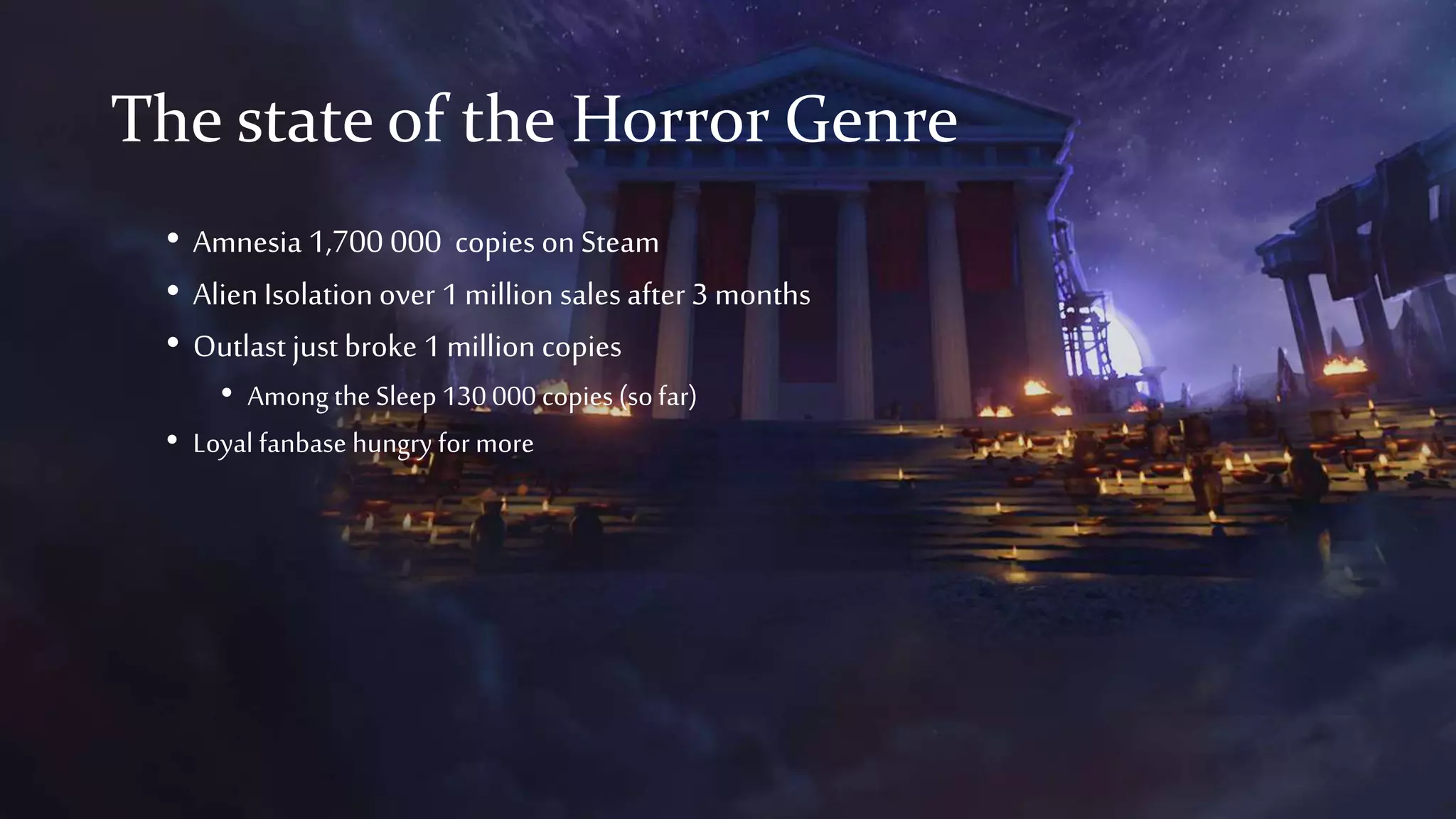 The state of the Horror Genre
• Amnesia 1,700 000 copies on Steam
• Alien Isolation over 1 million salesafter 3 months
• Outlast just broke 1 million copies
• Among the Sleep 130 000 copies (sofar)
• Loyal fanbase hungry for more
 