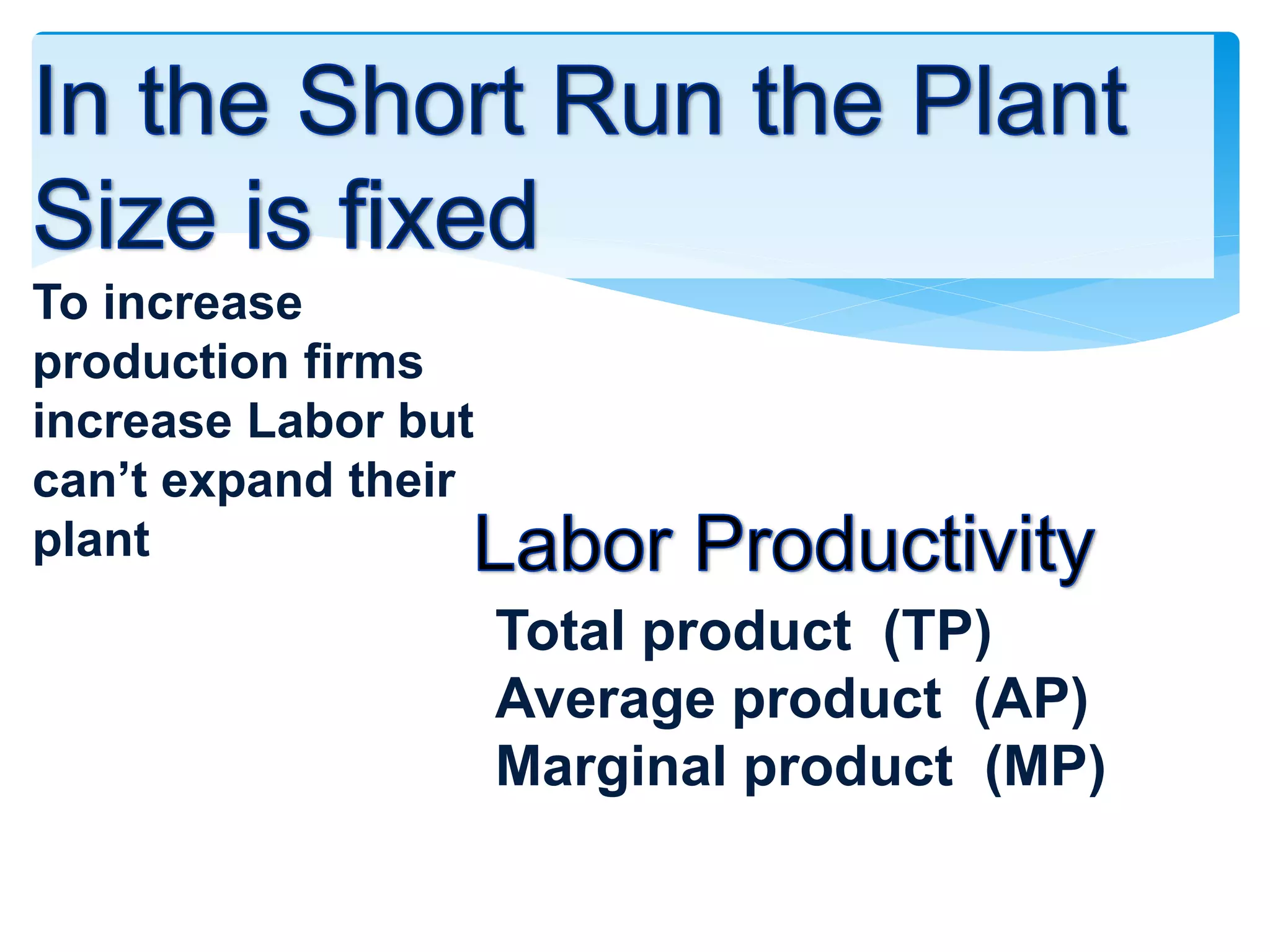 Total product (TP)
Average product (AP)
Marginal product (MP)
5
To increase
production firms
increase Labor but
can’t expand their
plant
 