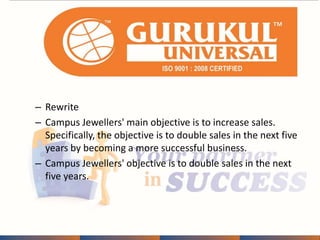 – Rewrite 
– Campus Jewellers' main objective is to increase sales. 
Specifically, the objective is to double sales in the next five 
years by becoming a more successful business. 
– Campus Jewellers' objective is to double sales in the next 
five years. 
 