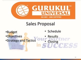 Sales Proposal 
• Schedule 
• Results 
• Closing 
58 
•Budget 
•Objectives 
•Strategy and Tactics 
 