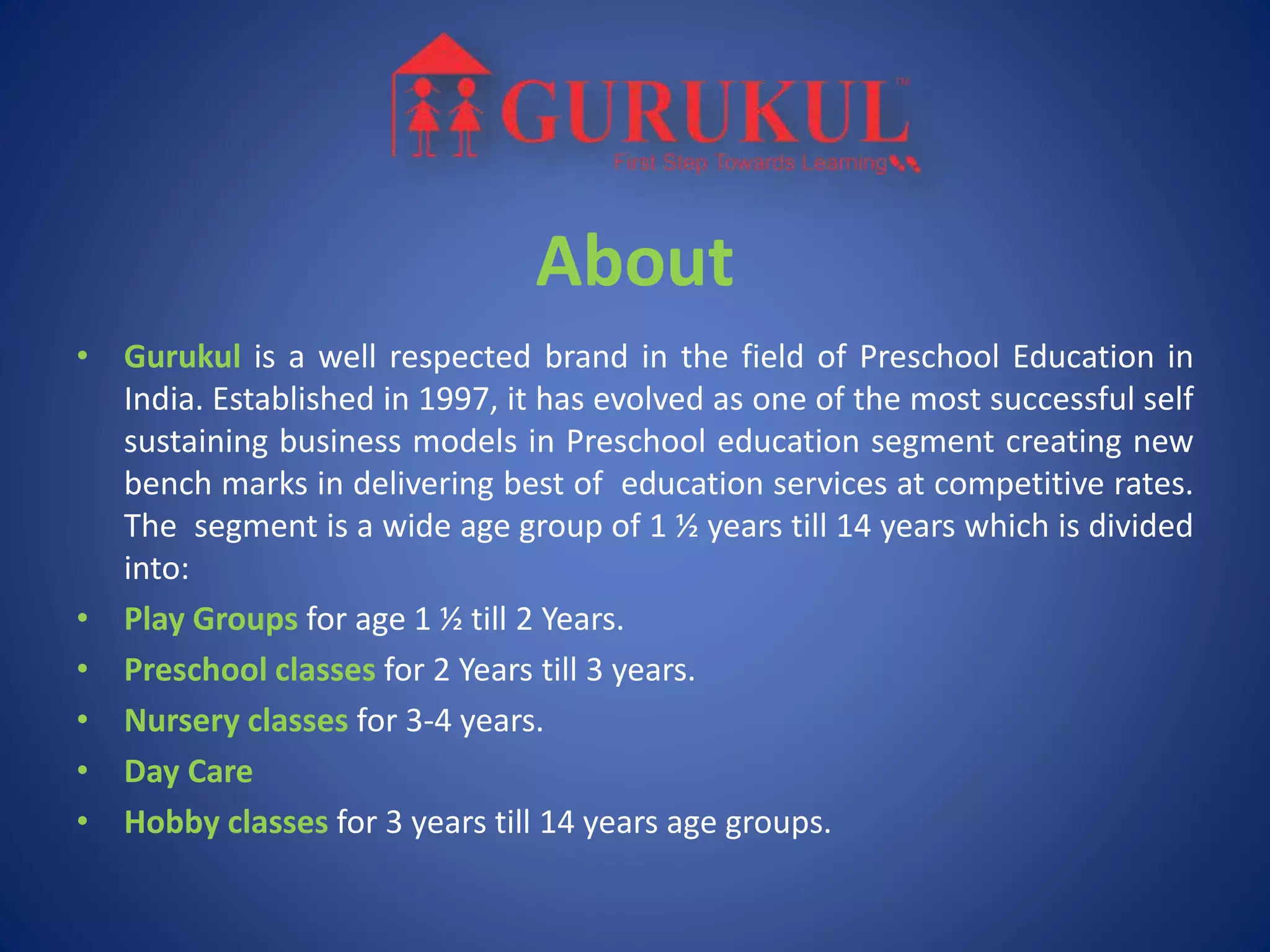 About
• Gurukul is a well respected brand in the field of Preschool Education in
India. Established in 1997, it has evolved as one of the most successful self
sustaining business models in Preschool education segment creating new
bench marks in delivering best of education services at competitive rates.
The segment is a wide age group of 1 ½ years till 14 years which is divided
into:
• Play Groups for age 1 ½ till 2 Years.
• Preschool classes for 2 Years till 3 years.
• Nursery classes for 3-4 years.
• Day Care
• Hobby classes for 3 years till 14 years age groups.
 