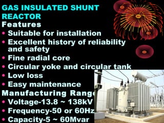 GAS INSULATED SHUNT
REACTOR
Features
• Suitable for installation
• Excellent history of reliability
and safety
• Fine radial core
• Circular yoke and circular tank
• Low loss
• Easy maintenance  
Manufacturing Range
• Voltage-13.8 ~ 138kV
• Frequency-50 or 60Hz
• Capacity-5 ~ 60Mvar

 