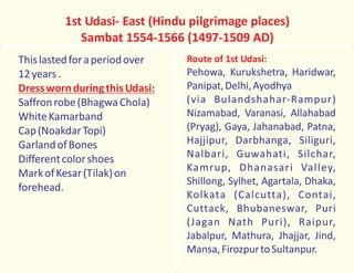 1st Udasi- East (Hindu pilgrimage places)
Sambat 1554-1566 (1497-1509 AD)
Thislastedforaperiodover
12years.
Saffronrobe(BhagwaChola)
WhiteKamarband
Cap(NoakdarTopi)
GarlandofBones
Differentcolorshoes
MarkofKesar(Tilak)on
forehead.
DresswornduringthisUdasi:
Route of 1st Udasi:
Pehowa, Kurukshetra, Haridwar,
Panipat,Delhi,Ayodhya
(via Bulandshahar-Rampur)
Nizamabad, Varanasi, Allahabad
(Pryag), Gaya, Jahanabad, Patna,
Hajjipur, Darbhanga, Siliguri,
Nalbari, Guwahati, Silchar,
Kamrup, Dhanasari Valley,
Shillong, Sylhet, Agartala, Dhaka,
Kolkata (Calcutta), Contai,
Cuttack, Bhubaneswar, Puri
(Jagan Nath Puri), Raipur,
Jabalpur, Mathura, Jhajjar, Jind,
Mansa,FirozpurtoSultanpur.
 