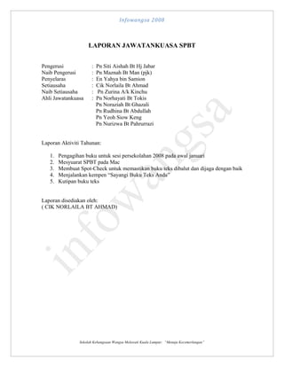 Infowangsa 2008

LAPORAN JAWATANKUASA SPBT
Pengerusi
Naib Pengerusi
Penyelaras
Setiausaha
Naib Setiausaha
Ahli Jawatankuasa

:
:
:
:
:
:

Pn Siti Aishah Bt Hj Jabar
Pn Maznah Bt Man (pjk)
En Yahya bin Samion
Cik Norlaila Bt Ahmad
Pn Zurina A/k Kinchu
Pn Norhayati Bt Tokis
Pn Noraziah Bt Ghazali
Pn Rudhina Bt Abdullah
Pn Yeoh Siow Keng
Pn Nurizwa Bt Pahrurrazi

Laporan Aktiviti Tahunan:
1.
2.
3.
4.
5.

Pengagihan buku untuk sesi persekolahan 2008 pada awal januari
Mesyuarat SPBT pada Mac
Membuat Spot-Check untuk memastikan buku teks dibalut dan dijaga dengan baik
Menjalankan kempen “Sayangi Buku Teks Anda”
Kutipan buku teks

Laporan disediakan oleh:
( CIK NORLAILA BT AHMAD)

Sekolah Kebangsaan Wangsa Melawati Kuala Lumpur: “Menuju Kecemerlangan”

 