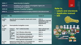 NSPM-11 Methyl Bromide Fumigation
NSPM-12 Guidelines for Accreditation of Fumigation Agency for
undertaking Mbr Fumigation
NSPM-22 Aluminium Phosphide Fumigation
ISPM-15 Regulation of wood packaging material in international trade
Standard
no.
Title Scope of
IS 4810 :
1968
Specification for fumigation sheets and covers,
rubberized
PCD 13
(Petroleum, Coal and
Related Products
Department)
IS 13217 :
1991
Thermoplastics fumigation covers PCD 12
IS 7247 :
1974
Code of
practice
for
fumigati
on of
agricultu
ral
produce
Part 1 methyl bromide FAD 16 (Food and
Agriculture)
Part 2 Ethylene dibromide FAD 16
Part 3 aluminium phosphide FAD 16
Part 4 ethylene dichloride and
carbon tetrachloride mixture
FAD 16
Part 5 general requirements FAD 16
IS 7716 :
1975
Method for testing efficacy of fumigation for
disinfestation of grains in domestic bins
FAD 16
Refer to,
• Labels and standards
• Applicator manual
• SDS
39
 