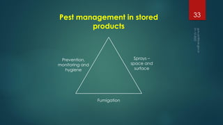 Pest management in stored
products
Prevention,
monitoring and
hygiene
Sprays –
space and
surface
Fumigation
33
 