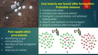 Live insects are found after fumigation:
Probable reasons
▪ Inadequate dose
▪ Inadequate exposure period
▪ Fumigant concen...