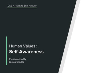 Human Values :
Self-Awareness
Presentation By :
Guruprasad S
CSE A - S1 Life Skill Activity
 