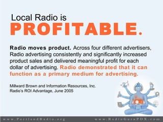 Local Radio is
PROFITABLE.
Radio moves product. Across four different advertisers,
Radio advertising consistently and significantly increased
product sales and delivered meaningful profit for each
dollar of advertising. Radio demonstrated that it can
function as a primary medium for advertising.
Millward Brown and Information Resources, Inc.
Radio’s ROI Advantage, June 2005
 