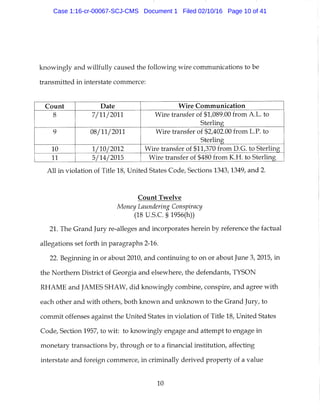 knowingly and willfully caused the following wire communications to be
transmitted in interstate commerce:
Count Date Wire Communication
8 7/11/2011 Wire transfer of $1,089.00 from A.L. to
Sterling
9 08/11/2011 Wire teansfer of $2,402.00 from L.P. to
Sterling
10 1/10/2012 Wire transfer of $11,370 from D.G. to Sterling
11 5/14/2015 Wire transfer of $480 from K.H. to Sterling
All in violation of Title 18, United States Code, Sections 1343,1349, and 2.
Count Twelve
Money Laundering Conspiracy
(18 U.S.C. § 1956(h))
21. The Grand Jury re-alleges and incorporates herein by reference the factual
allegations set forth in paragraphs 2-16.
22. Beginning in or about 2010, and continuing to on or about June 3, 2015, in
the Northern District of Georgia and elsewhere, the defendants, TYSON
RHAME and JAMES SHAW, did knowingly combine, conspire, and agree with
each other and with others, both known and unknown to the Grand Jury, to
commit offenses against the United States in violation of Title 18, United States
Code, Section 1957, to wit: to knowingly engage and attempt to engage in
monetary transactions by, through or to a financial institution, affecting
interstate and foreign commerce, in criminally derived property of a value
10
Case 1:16-cr-00067-SCJ-CMS Document 1 Filed 02/10/16 Page 10 of 41
 