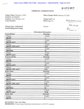 C R I M I N A L C H A R G E S FILED
Today's Date: February 9, 2016 Date Charges Filed: February 10, 2016
U S A O #: 2014R00956
Caption: Tyson Rhame, et al. Under Seal? Yes
Court Number: P S N Case: No FILED IN OPFNC
Charge Type: Indictment
District/Magistrate Judge:
Felony
FEB 1 § 2016
James V, , . 1
B y „ ' ' '""^
Defendant Information:
Deputy Cici k
Tyson Rhame Praecipe
Charge: Count:
18§1349 1
Charge: Count:
18§1341 and 2
Charge: Count:
18§1343,1349, and 2 ••Li;::.::;y,v8-li - ,
Charge: Count:
18§1956(h)
Charge: Count:
18§1957 and 2 •Vxy^;^-,,:y'yl3-24 L,''V'
Terrence Keller Praecipe
Charge: Count:
18§1349
Charge: Count:
18§1341 and 2
Charge: Count:
18§1343,1349, and 2
James Shaw Praecipe
Charge: Count:
18§1349
Charge: Count:
18§1341 and 2 •Y2-7:y •••••• y,L,,^
Charge: Count:
18§1343,1349, and 2 •••;-''Cvyv:://;-:';84i^y •••-y^v
Charge: Count:
18§1956(h) ••^•^12/L:v''vLL,
Charge: Count:
18§1957and2 : ••••:13-24y;
Frank Bell Praecipe
Charge: Count:
18§1349
[IF O C D E T F Case= Yes Then
REMINDER: Fonvard copy of indictment and this form to OCDETF Assistant
Case 1:16-cr-00067-SCJ-CMS Document 1 Filed 02/10/16 Page 41 of 41
 