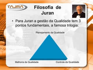 Filosofia de
Juran
• Para Juran a gestão da Qualidade tem 3
pontos fundamentais, a famosa trilogia:
Planejamento da Qualidade
Melhoria da Qualidade Controle da Qualidade
 