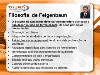 • O Sistema de Qualidade deve ser estruturado e planeado e
não desenvolvido de forma casual. Os seus princípios
devem incluir:
• Orientação ao cliente
• Integração de atividades por toda a organização
• Atribuições claras ao pessoal, tendo em vista a obtenção da
qualidade
• Atividades específicas para controle de fornecedores
• Identificação total dos equipamentos de qualidade
• Conscientização de toda a organização
• Eficácia real das ações corretivas
• Controle contínuo do sistema
• Auditoria periódica das atividades do sistema
Filosofia de Feigenbaun
 