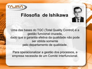 Uma das bases do TQC (Total Quality Control) é a
gestão funcional cruzada,
dado que a garantia efetiva da qualidade não pode
ser obtida somente
pelo departamento de qualidade.
Para operacionalizar a gestão dos processos, a
empresa necessita de um Comité Interfuncional.
Filosofia de Ishikawa
 