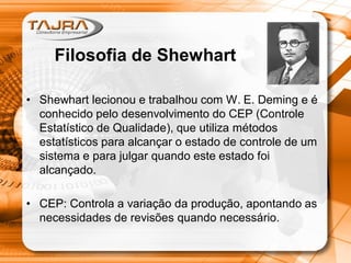 Filosofia de Shewhart
• Shewhart lecionou e trabalhou com W. E. Deming e é
conhecido pelo desenvolvimento do CEP (Controle
Estatístico de Qualidade), que utiliza métodos
estatísticos para alcançar o estado de controle de um
sistema e para julgar quando este estado foi
alcançado.
• CEP: Controla a variação da produção, apontando as
necessidades de revisões quando necessário.
 
