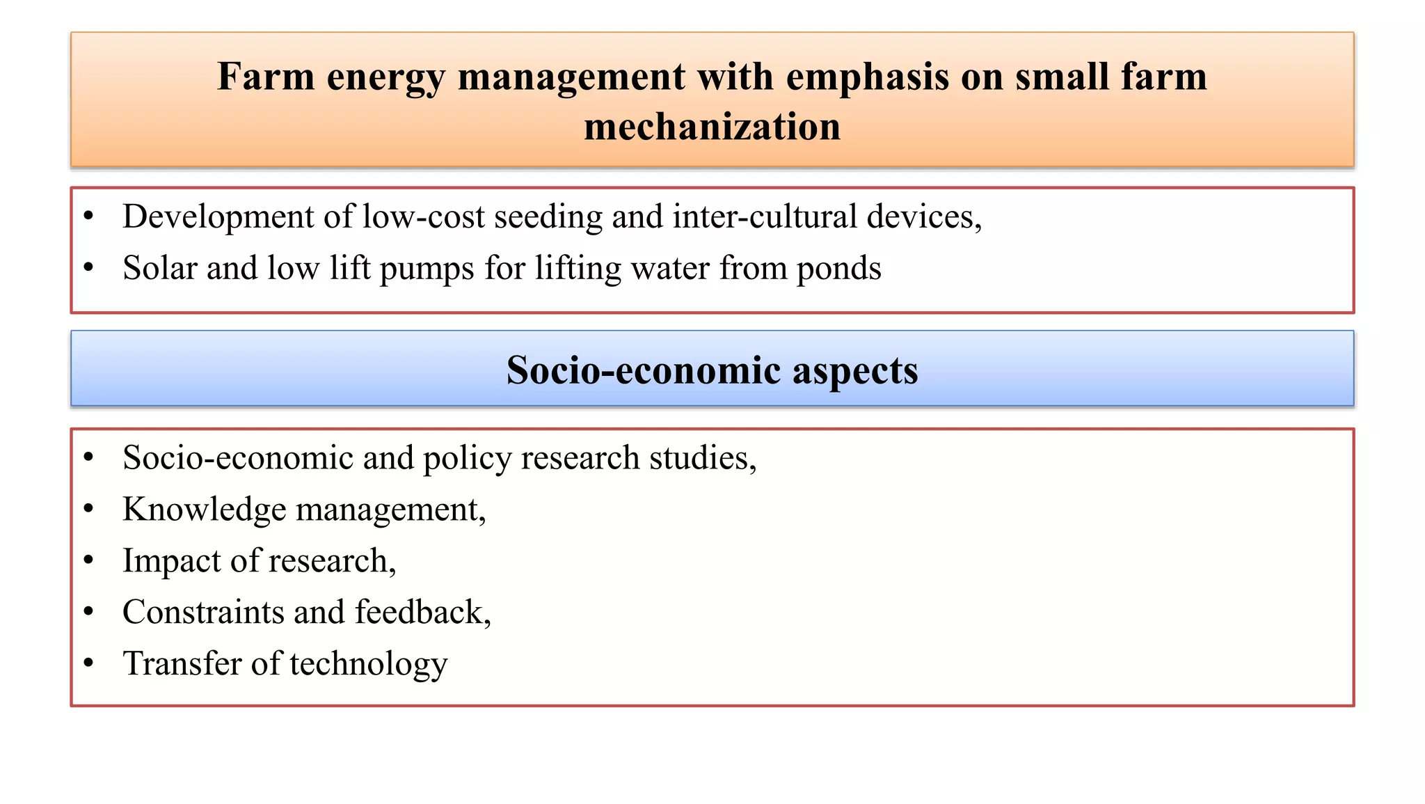 Farm energy management with emphasis on small farm
mechanization
• Development of low-cost seeding and inter-cultural devices,
• Solar and low lift pumps for lifting water from ponds
Socio-economic aspects
• Socio-economic and policy research studies,
• Knowledge management,
• Impact of research,
• Constraints and feedback,
• Transfer of technology
 
