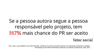 Se a pessoa autora segue a pessoa
responsável pelo projeto, tem
187% mais chance do PR ser aceito
fator social
Tsay, Jason, Laura Dabbish, and James Herbsleb. "Influence of social and technical factors for evaluating contribution in GitHub."
Proceedings of the 36th international conference on Software engineering. ACM, 2014.
 