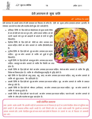 14                          अ ैल 2011



                                         दे वी आराधना से सुख                  ाि
                                                                                             व तक.ऎन.जोशी

दे वी भागवत क आठव
             े             कध म दे वी उपासना का व तार से वणन है । दे वी का पूजन-अचन-उपासना-साधना इ या द क
                            ं                                                                            े
प यात दान दे ने पर लोक और परलोक दोन सुख दे ने वाले होते ह।

          ितपदा ितिथ क दन दे वी का षोडशेपचार से पूजन करक नैवे
                       े                                 े
          क प म दे वी को गाय का घृ त (घी) अपण करना चा हए। मां को
           े
          चरण चढ़ाये गये घृ त को       ा हण म बांटने से रोग से मु
          िमलती है ।
           तीया ितिथ के     दन दे वी को चीनी का भोग लगाकर दान
          करना चा हए। चीनी का भोग लागाने से         य      द घजीवी होता
          ह।
         तृ तीया ितिथ क दन दे वी को दध का भोग लगाकर दान करना
                        े             ू
          चा हए।    दध का भोग लागाने से
                     ू                       य          को दख से मु
                                                            ु
          िमलती ह।
         चतुथ ितिथ क दन दे वी को मालपुआ भोग लगाकर दान करना
                     े
          चा हए। मालपुए का भोग लागाने से      य         क वप        का नाश
          होता ह।
         पंचमी ितिथ क दन दे वी को कले का भोग लगाकर दान करना चा हए। कले का भोग लागाने से
                      े             े                                े                          य       क बु   ,
           ववेक का वकास होता ह। य        क प रवार कसुख समृ
                                          े                          म वृ    होती ह।
         ष ी ितिथ क दन दे वी को मधु (शहद, महु, मध) का भोग लगाकर दान करना चा हए। मधु का भोग लागाने से
                    े
           य     को सुंदर व प     क    ाि होती ह।
         स मी ितिथ क दन दे वी को गुड़ का भोग लगाकर दान करना चा हए। गुड़ का भोग लागाने से य
                     े                                                                                 क सम त
                                                                                                        े
          शोक दर होते ह।
               ू
         अ मी ितिथ क दन दे वी को
                     े                   ीफल (ना रयल) का भोग लगाकर दान करना चा हए। गुड़       का भोग लागाने से
           य     क संताप दर होते ह।
                  े       ू
         नवमी ितिथ क दन दे वी को धान क लावे का भोग लगाकर दान करना चा हए। धान क लावे का भोग लागाने से
                     े                 े                                       े
           य     क लोक और परलोक का सुख
                  े                          ा होता ह।

                                                 शाद संबंिधत सम या
  या आपक लडक-लडक
        े   े                 क आपक शाद म अनाव यक प से वल ब हो रहा ह या उनक वैवा हक जीवन म खुिशयां कम
                                                                           े
 होती जारह ह और सम या अिधक बढती जारह ह। एसी                     थती होने पर अपने लडक-लडक
                                                                                    े      क कडली का अ ययन
                                                                                              ुं
 अव य करवाले और उनक वैवा हक सुख को कम करने वाले दोष क िनवारण क उपायो क बार म व तार से जनकार
                   े                                 े        े       े
  ा       कर।
 