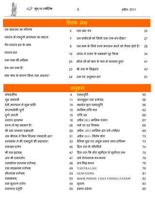 3                                अ ैल 2011



                                   वशेष लेख
नव संव सर का प रचय                 5    राम र ा यं                                         25

नवरा म नवदगा आराधना का मह व
          ु                        7    जब कबीरजी को िमली राम-राम मं द     ा?              27

चै नवरा      त क लाभ
                े                  8    जब भ     क िलये वयं भगवान मरने को तैयार होते ह?
                                                  े                                        28

नवरा    त                          10   अंगद ने रावण क घमंडको चूर कया
                                                      े                                    34

राम नाम क म हमा                         सीता जी को ाप क फल से वनवास हवा?
                                                       े
                                   20                                ु                     41

मं जप या ह?                        23    ी राम क िस मं
                                                े                                          43

 या    ाप क कारण िमला राम अवतार?
           े                       24   राम एवं हनुमान मं                                  57


                                   अनु म
संपादक य                           4    राम तुित                                          55
गु स शती                           11   जटायुकृत राम तो म ्                               56
दे वी आराधना से सुख ाि             14   महादे व कृ त राम तुित                             56
स त लोक दगा
         ु                         15   मािसक रािश फल                                     62
दगा आरती
 ु                                 15   रािश र                                            66
नवरा      तकथा                     16   अ ैल 2011 मािसक पंचांग                            67
ध य तो यह ल मण है ?                26   धम पर ढ़ व ास                                      68
 ी राम शलाका       ावली            29   अ ैल -2011 मािसक त-पव- यौहार                      69
जब     ीराम ने कय वजया एकादशी त?   31   अ ैल 2011 - वशेष योग                              73
 वयं भा ने क रामदतो क सहायता?
                 ू                 33   दै िनक शुभ एवं अशुभ समय    ान तािलका              73
रामर ा तो                          46    दन-रात क चौघ डये
                                                 े                                        74
 ी राम दयम ्                       47    दन-रात क होरा सूय दय से सूया त तक                75
अथ ी राम तो                        47   सव रोगनाशक यं /कवच                                76
रामा ो र शतनाम तो म ्              48   मं िस कवच                                         78
राम सह नाम तो म ्                  49   YANTRA LIST                                       79
सीताराम तो म ्                     53   GEM STONE                                         81
रामा कम ्                          53   BOOK PHONE/ CHAT CONSULTATION                     82
राम भुज ग तो                       54   सूचना                                             83
रामच        तुित                   55   हमारा उ े य                                       85
 