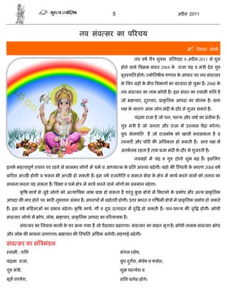 5                                         अ ैल 2011



                                      नव संव सर का प रचय

                                                                                                     िचंतन जोशी
                                                                    नव वष चै शु ल            ितपदा 4-अ ैल-2011 से शु
                                                           होने वाले व म संवत 2068 क राजा चं व मं ी दे व गु
                                                                                    े
                                                           बृ ह पित ह गे। योितषीय गणना क आधार पर नव संव सर
                                                                                        े
                                                           क िलए ह क बीच वभाग का बंटवारा हो चुका ह। 2068 क
                                                            े       े                                     े
                                                           नव संव सर का नाम        ोधी ह। इस संवत का वामी शिन है
                                                           जो      ाचार, दराचार,
                                                                          ू        ाकृ ितक आपदा का        ोतक है । स ा
                                                           प     क कारण आम लोग मंद क दौर से गुजर सकते ह।
                                                                  े                 े
                                                                    चं मा राजा है जो धन, धा य और वषा का तीक ह।
                                                           गु    मं ी है जो जनता और राजा म उ लास पैदा करे गा।
                                                           बुध सेनापित ह जो राजकोष को खाली करासकता ह व
                                                           त कर और चोर क अिधकता हो सकती ह। स ा प                     म
                                                           अंतकलह रहता है तथा जा मंद क दौर से गुजरती है ।
                                                                                      े
                                                                    नव हो म चं      व गु       दोनो शुभ   ह ह। इसिलए
इनक मह वपूण थान पर रहने से सालभर लोग म धम व आ या म क ित आ था बढ़े गी।
   े                                                े                                   हो क     थती क कारण 2068 वष
                                                                                                      े
बा रश अ छ होगी व फसल भी अ छ हो सकती ह। इस वष राजनीित व समाज सेवा के                े म काय करने वाल को तनाव का
सामना करना पड़ सकता ह। िश ा व धम       े म काय करने वाले लोग का स मान बढ़े गा।
       कृ ष काय से जुडे लोगो को अ यािधक लाभ ा     हो सकता ह परं तु कछ
                                                                    ु       े ो म कटको क कोप और अ य ाकृ ितक
                                                                                        े
आपदा क मार होने पर भार नु शान संभव ह। अपराध म बढ़ोतर होगी। उ र भारत व प             मी    े     म ाकृ ितक कोप हो सकते
ह। इस वष म हलाओं का भाव बढ़े गा। कृ ष काय, गौ व दध उ पादन म वृ
                                                ू                        हो सकती ह। धन-धा य क वृ            होगी।   ोधी
संव सर लोगो म   ोध, लोभ,    ाचार, ाकृ ितक आपदा का प रचायक है ।
       संव सर का िनवास काली क घर मना गया ह जो पैदावार बढ़ाएगा। संव सर का वाहन मृ ग है ।
                             े                                                                   ोधी नामक संव सर    ोध
और लोभ क भावना जगाएगा।       ाचार क    थित अिधक बनेगी। महं गाई बढ़े गी।

संव सर का मं मंडल
 वामी : शिन                                               मंगल रसेष,

चं मा राजा,                                               बुध दगश, मेघेष व फलेश,
                                                               ु
गु मं ी,                                                  शु     धा येश व

सूय श येश,                                                शिन धनेश ह गे।
 
