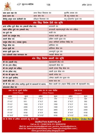 136 2019
ऻान दाता भहा मॊर रग्न वलघ्न तनलायक मॊि कु दृत्टट नाळक मॊि
कामा कल्ऩ मॊर रग्न मोग मॊि श्री ळिु ऩयाबल मॊि
दीधाामु अभृत तत्व सॊजीवनी मॊर दरयद्रता वलनाळक मॊि ळिु दभनाणाल ऩूजन मॊि
भॊर लसि ववशेष दैवी मॊर सूधच
आद्य शश्तत दुगाा फीसा मॊर (अॊफाजी फीसा मॊर) वयस्लती मॊि
भहान शश्तत दुगाा मॊर (अॊफाजी मॊर) वप्तवती भशामॊि(वॊऩूणा फीज भॊि वहशत)
नव दुगाा मॊर कारी मॊि
नवाणा मॊर (चाभुॊडा मॊर) श्भळान कारी ऩूजन मॊि
नवाणा फीसा मॊर दक्षषण कारी ऩूजन मॊि
चाभुॊडा फीसा मॊर ( नवग्रह मुतत) वॊकट भोध नी कासरका सववद्ध मॊि
त्ररशूर फीसा मॊर खोडडमाय मॊि
फगरा भुखी मॊर खोडडमाय फीवा मॊि
फगरा भुखी ऩूजन मॊर अन्नऩूणाा ऩूजा मॊि
याज याजेववयी वाॊिा कल्ऩरता मॊर एकाॊषी श्रीपर मॊि
भॊर लसि ववशेष रक्ष्भी मॊर सूधच
श्री मॊर (रक्ष्भी मॊर) भशारक्ष्भमै फीज मॊि
श्री मॊर (भॊर यहहत) भशारक्ष्भी फीवा मॊि
श्री मॊर (सॊऩूणा भॊर सहहत) रक्ष्भी दामक सवद्ध फीवा मॊि
श्री मॊर (फीसा मॊर) रक्ष्भी दाता फीवा मॊि
श्री मॊर श्री सूतत मॊर रक्ष्भी गणेळ मॊि
श्री मॊर (कु भा ऩृष्ठीम) ज्मेटठा रक्ष्भी भॊि ऩूजन मॊि
रक्ष्भी फीसा मॊर कनक धाया मॊि
श्री श्री मॊर (श्रीश्री रलरता भहात्ररऩुय सुन्दमै श्री भहारक्ष्भमैं श्री भहामॊर) लैबल रक्ष्भी मॊि (भशान सववद्ध दामक श्री भशारक्ष्भी मॊि)
अॊकात्भक फीसा मॊर
ताम्र ऩर ऩय सुवणा ऩोरीस
(Gold Plated)
ताम्र ऩर ऩय यजत ऩोरीस
(Silver Plated)
ताम्र ऩर ऩय
(Copper)
वाईज भूल्म वाईज भूल्म वाईज भूल्म
1” X 1”
2” X 2”
3” X 3”
4” X 4”
6” X 6”
9” X 9”
12” X12”
550
910
1450
2350
3700
9100
12700
1” X 1”
2” X 2”
3” X 3”
4” X 4”
6” X 6”
9” X 9”
12” X12”
370
640
1050
1450
2800
4600
9100
1” X 1”
2” X 2”
3” X 3”
4” X 4”
6” X 6”
9” X 9”
12” X12”
325
550
910
1225
2350
4150
9100
मॊर के ववषम भें अधधक जानकायी हेतु सॊऩका कयें। >> Shop Online | Order Now
GURUTVA KARYALAY
Call us: 91 + 9338213418, 91+ 9238328785
Mail Us: gurutva.karyalay@gmail.com, gurutva_karyalay@yahoo.in,
Visit Us: www.gurutvakaryalay.com | www.gurutvajyotish.com |
www.gurutvakaryalay.blogspot.com
 