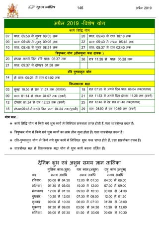 146 2019
अप्रैर 2019 -वलळेऴ मोग
कामा सववद्ध मोग
07 प्रात: 05:50 वे वुफश 08:05 तक 20 प्रात: 05:40 वे यात 10:18 तक
09 प्रात: 05:48 वे वुफश 09:05 तक 22 प्रात: 05:40 वे वॊध्मा 06:46 तक
10 प्रात: 05:46 वे वुफश 08:51 तक 27 प्रात: 05:37 वे यात 02:40 तक
त्ररऩुष्कय मोग (तीनगुना पर दामक )
20 वॊध्मा अगरे हदन यवल प्रात् 05:37 तक 30 याि 11:26 वे प्रात् 05:28 तक
21 प्रात: 05:37 वे दोऩशय 01:58 तक
14 वे प्रात: 05:21 वे यात 01:02 तक
ववघ्नकायक बरा
03 वुफश 10:56 वे याि 11:57 तक (ऩातार) 18 यात 07:26 वे अगरे हदन प्रात् 06:04 तक(ऩातार)
09 प्रात् 01:14 वे वॊध्मा 04:07 तक (स्लगा) 21 यात 11:53 वे अगरे हदन दोऩशय 11:25 तक (स्लगा)
12 दोऩशय 01:24 वे याि 12:53 तक (स्लगा) 25 यात 12:46 वे देय यात 01:40 तक(ऩातार)
15 वॊध्मा 05:46 वे अगरे हदन प्रात् 04:24 तक (ऩृ्ली) 29 प्रात् 08:50 वे याि 10:05 तक (स्लगा)
मोग पर :
 कामा सववद्ध मोग भे फकमे गमे ळुब कामा भे तनत्श् त वपरता प्राप्त शोती शैं, एवा ळास्िोक्त ल न शैं।
 त्रिऩुटकय मोग भें फकमे गमे ळुब कामो का राब तीन गुना शोता शैं। एवा ळास्िोक्त ल न शैं।
 यवल-ऩुटमाभृत मोग भे फकमे गमे ळुब कामा भे तनत्श् त ळुब पर प्राप्त शोते शैं, एवा ळास्िोक्त ल न शैं।
 ळास्िोंक्त भत वे वलघ्नकायक बद्रा मोग भें ळुब कामा कयना लत्जात शैं।
दैतनक ळुब एलॊ अळुब वभम सान तासरका
गुसरक कार (ळुब) मभ कार (अळुब) याशु कार (अळुब)
लाय वभम अलधध वभम अलधध वभम अलधध
यवललाय 03:00 वे 04:30 12:00 वे 01:30 04:30 वे 06:00
वोभलाय 01:30 वे 03:00 10:30 वे 12:00 07:30 वे 09:00
भॊगरलाय 12:00 वे 01:30 09:00 वे 10:30 03:00 वे 04:30
फुधलाय 10:30 वे 12:00 07:30 वे 09:00 12:00 वे 01:30
गुरुलाय 09:00 वे 10:30 06:00 वे 07:30 01:30 वे 03:00
ळुक्रलाय 07:30 वे 09:00 03:00 वे 04:30 10:30 वे 12:00
ळतनलाय 06:00 वे 07:30 01:30 वे 03:00 09:00 वे 10:30
 