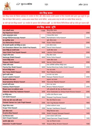 151 2019
भॊर लसि कवच
मंत्र द्वसद्ध कवच को द्ववशेष प्रयोजन में उपयोग के द्वलए और शीघ्र प्रभाव शाली बनाने के द्वलए िेजस्तवी मंत्रो द्वारा शुभ महूित में शुभ
ददन को िैयार दकये जािे है । अलग-अलग कवच िैयार करने केद्वलए अलग-अलग िरह के मंत्रो का प्रयोग दकया जािा है ।
 क्यों चुने मंत्र द्वसद्ध कवच?  उपयोग में आसान कोई प्रद्विबन्ध नशीॊ  कोई द्ववशेष द्वनद्वि-द्वनयम नहीं  कोई बुरा प्रभाव नहीं
भॊर लसि कवच सूधच
राज राजेश्वरी कवच
Raj Rajeshwari Kawach ………..………………………
11000 द्ववष्णु बीसा कवच
Vishnu Visha Kawach ………..………………………... 2350
अमोघ महामृ्युंजय कवच
Amogh Mahamrutyunjay Kawach ……………………. 10900
रामभद्र बीसा कवच
Ramabhadra Visha Kawach ………..………………… 2350
दस महाद्ववद्या कवच
Dus Mahavidhya Kawach ………..……………………. 7300
कुबेर बीसा कवच
Kuber Visha Kawach ………..…………………………. 2350
श्री घंटाकणत महावीर सवत द्वसद्वद्ध प्रद कवच
Shri Ghantakarn Mahavir Sarv Siddhi Prad Kawach.. 6400
गरुड बीसा कवच
Garud Visha Kawach ………..………………………… 2350
सकल द्वसद्वद्ध प्रद गायत्री कवच
Sakal Siddhi Prad Gayatri Kawach …………………... 6400
लक्ष्मी बीसा कवच
Lakshmi Visha Kawach ……..…………………………. 2350
नवदुगात शद्वि कवच
Navdurga Shakiti Kawach ………..…………………… 6400
ससह बीसा कवच
Sinha Visha Kawach ………..…………………………. 2350
रसायन द्वसद्वद्ध कवच
Rasayan Siddhi Kawach ………..…………………….. 6400
नवातण बीसा कवच
Narvan Visha Kawach ………..……………………….. 2350
पंचदेव शद्वि कवच
Pancha Dev Shakti Kawach ………..…………………. 6400
संकट मोद्वचनी काद्वलका द्वसद्वद्ध कवच
Sankat Mochinee Kalika Siddhi Kawach ………..…… 2350
सवत कायत द्वसद्वद्ध कवच
Sarv Karya Siddhi Kawach ………..………………….. 5500
राम रक्षा कवच
Ram Raksha Kawach ………..………………………… 2350
सुवणत लक्ष्मी कवच
Suvarn Lakshmi Kawach ………..……………………. 4600
नारायण रक्षा कवच
Narayan Raksha Kavach .……………………………... 2350
स्तवणातकषतण भैरव कवच
Swarnakarshan Bhairav Kawach ………..…………… 4600
हनुमान रक्षा कवच
Hanuman Raksha Kawach ………..………………….. 2350
कालसपत शांद्वि कवच
Kalsharp Shanti Kawach ………..…………………….. 3700
भैरव रक्षा कवच
Bhairav Raksha Kawach ………………………………. 2350
द्ववलक्षण सकल राज वशीकरण कवच
Vilakshan Sakal Raj Vasikaran Kawach ………..…… 3250
शद्वन साड़ेसािी और ढ़ैया कष्ट द्वनवारण कवच
Shani Sadesatee aur Dhaiya Kasht Nivaran Kawach ….. 2350
इष्ट द्वसद्वद्ध कवच
Isht Siddhi Kawach ………..…………………………… 2800
श्राद्वपि योग द्वनवारण कवच
Sharapit Yog Nivaran Kawach ……..………………… 1900
परदेश गमन और लाभ प्राद्वि कवच
Pardesh Gaman Aur Labh Prapti Kawach ………...... 2350
द्ववष योग द्वनवारण कवच
Vish Yog Nivaran Kawach ……..……………………. 1900
श्रीदुगात बीसा कवच
Durga Visha Kawach ………..…………………………. 2350
सवतजन वशीकरण कवच
Sarvjan Vashikaran Kawach ……..…………………… 1450
कृ ष्ण बीसा कवच
Krushna Bisa Kawach ………..………………………... 2350
द्वसद्वद्ध द्ववनायक कवच
Siddhi Vinayak Ganapati Kawach ……..…………….. 1450
अष्ट द्ववनायक कवच
Asht Vinayak Kawach ………..………………………... 2350
सकल सम्मान प्राद्वि कवच
Sakal Samman Praapti Kawach ……..………………. 1450
आकषतण वृद्वद्ध कवच
Aakarshan Vruddhi Kawach ……..…………………… 1450
स्तवप्न भय द्वनवारण कवच
Swapna Bhay Nivaran Kawach ……..……………….. 1050
 