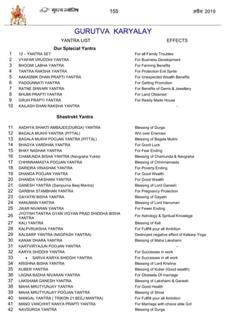 155 2019
GURUTVA KARYALAY
YANTRA LIST EFFECTS
Our Splecial Yantra
1 12 – YANTRA SET For all Family Troubles
2 VYAPAR VRUDDHI YANTRA For Business Development
3 BHOOMI LABHA YANTRA For Farming Benefits
4 TANTRA RAKSHA YANTRA For Protection Evil Sprite
5 AAKASMIK DHAN PRAPTI YANTRA For Unexpected Wealth Benefits
6 PADOUNNATI YANTRA For Getting Promotion
7 RATNE SHWARI YANTRA For Benefits of Gems & Jewellery
8 BHUMI PRAPTI YANTRA For Land Obtained
9 GRUH PRAPTI YANTRA For Ready Made House
10 KAILASH DHAN RAKSHA YANTRA -
Shastrokt Yantra
11 AADHYA SHAKTI AMBAJEE(DURGA) YANTRA Blessing of Durga
12 BAGALA MUKHI YANTRA (PITTAL) Win over Enemies
13 BAGALA MUKHI POOJAN YANTRA (PITTAL) Blessing of Bagala Mukhi
14 BHAGYA VARDHAK YANTRA For Good Luck
15 BHAY NASHAK YANTRA For Fear Ending
16 CHAMUNDA BISHA YANTRA (Navgraha Yukta) Blessing of Chamunda & Navgraha
17 CHHINNAMASTA POOJAN YANTRA Blessing of Chhinnamasta
18 DARIDRA VINASHAK YANTRA For Poverty Ending
19 DHANDA POOJAN YANTRA For Good Wealth
20 DHANDA YAKSHANI YANTRA For Good Wealth
21 GANESH YANTRA (Sampurna Beej Mantra) Blessing of Lord Ganesh
22 GARBHA STAMBHAN YANTRA For Pregnancy Protection
23 GAYATRI BISHA YANTRA Blessing of Gayatri
24 HANUMAN YANTRA Blessing of Lord Hanuman
25 JWAR NIVARAN YANTRA For Fewer Ending
26 JYOTISH TANTRA GYAN VIGYAN PRAD SHIDDHA BISHA
YANTRA
For Astrology & Spritual Knowlage
27 KALI YANTRA Blessing of Kali
28 KALPVRUKSHA YANTRA For Fullfill your all Ambition
29 KALSARP YANTRA (NAGPASH YANTRA) Destroyed negative effect of Kalsarp Yoga
30 KANAK DHARA YANTRA Blessing of Maha Lakshami
31 KARTVIRYAJUN POOJAN YANTRA -
32 KARYA SHIDDHI YANTRA For Successes in work
33  SARVA KARYA SHIDDHI YANTRA For Successes in all work
34 KRISHNA BISHA YANTRA Blessing of Lord Krishna
35 KUBER YANTRA Blessing of Kuber (Good wealth)
36 LAGNA BADHA NIVARAN YANTRA For Obstaele Of marriage
37 LAKSHAMI GANESH YANTRA Blessing of Lakshami & Ganesh
38 MAHA MRUTYUNJAY YANTRA For Good Health
39 MAHA MRUTYUNJAY POOJAN YANTRA Blessing of Shiva
40 MANGAL YANTRA ( TRIKON 21 BEEJ MANTRA) For Fullfill your all Ambition
41 MANO VANCHHIT KANYA PRAPTI YANTRA For Marriage with choice able Girl
42 NAVDURGA YANTRA Blessing of Durga
 