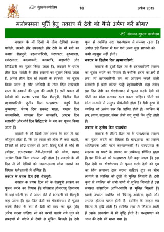 18 2019
भनोकाभना ऩूतता शेतु नलयाि भें देली को कै वे अऩाण कयें बोग?
 वॊकरन गुरुत्ल कामाारम
नलयाि के नौ हदनों भें तीन देवलमों क्रभळ्
ऩालाती, रक्ष्भी औय वयस्लती औय देली के नौ रुऩों का
कभळ् ळैरऩुिी, ब्रह्भा ारयणी, ॊद्रघण्टा, कू टभाण्डा,
स्कॊ दभाता, कात्मामनी, कारयात्रि, भशागौयी औय
सववद्धदािी का ऩूजन फकमा जाता शैं।, नलयािे के प्रथभ
तीन हदन ऩालाती के तीन स्लरुऩों का ऩूजन फकमा जाता
शैं, अगरे तीन हदन भाॉ रक्ष्भी के स्लरुऩों का ऩूजन
फकमा जाता शैं औय आणखयी के तीन हदन वयस्लती
भाता के स्लरुऩों की ऩूजा की जाती शैं। उवी प्रकाय नौ
देलीमों को क्रभळ् प्रथभ हदन ळैरऩुिी, द्वद्वतीम हदन
ब्रह्भा ारयणी, तृतीम हदन न्द्रघण्टा, तुथा हदन
कु टभाण्डा, ऩॊ भ् हदन स्कन्द भाता, ऴटठभ ् हदन
कात्मातमनी, वाप्तभ् हदन कारयात्रि, अटटभ् हदन
भशागौयी औय नौलें हदन सववद्धदािी के रुऩ का ऩूजन फकमा
जाता शैं।
नलयािे के नौ हदनों तक बक्त के भन भें मश
कौतुशर शोता शैं, फक लश भाता को बोग भें क्मा ढ़ामे,
त्जववे भाॉ ळीघ्र प्रवन्न शों जामे. हशन्दू धभा भें कोई बी
त्मौशाय, व्रत-उऩलाव देली-देलताओॊ को बोग, प्रवाद
अत्ऩाण फकमे त्रफना वॊऩन्न नशीॊ शोता शै। नलयािे के नौ
हदन भें नौ देवलमों को अरग-अरग बोग रगाने का
वलधान धभाळास्िों भें लणणात शैं।
नवयार के प्रथभ हदन देवी शैरऩुरी:
नलयाि के प्रथभ हदन भाॊ के ळैरऩुिी स्लरूऩ का
ऩूजन कयने का वलधान शैं। ऩलातयाज (ळैरयाज) हशभारम
के मशाॊ ऩालाती रुऩ भें जन्भ रेने वे बगलती को ळैरऩुिी
कशा जाता शैं। इव हदन देली का ऴोडळेऩ ाय वे ऩूजन
कयके नैलेद्य के रूऩ भें देली को गाम का घृत (घी)
अऩाण कयना ाहशए। भाॊ को यणों ढ़ामे गमे घृत को
ब्राम्शणों भें फाॊटने वे योगों वे भुत्क्त सभरती शै। देली
कृ ऩा वे व्मत्क्त वदा धन-धान्म वे वॊऩन्न यशता शैं।
अथाात उवे त्जलन भें धन एलॊ अन्म वुख वाधनो को
कभी भशवुव नशीॊ शोतीॊ।
नवयार के द्वद्वतीम हदन ब्रह्भाचारयणी:
नलयाि के दूवये हदन भाॊ के ब्रह्भ ारयणी स्लरूऩ
का ऩूजन कयने का वलधान शैं। क्मोफक ब्रह्भ का अथा शैं
तऩ। भाॊ ब्रह्भ ारयणी तऩ का आ यण कयने लारी
बगलती शैं इवी कायण उन्शें ब्रह्भ ारयणी कशा गमा।
इव हदन देली का ऴोडळेऩ ाय वे ऩूजन कयके देली को
ीनी का बोग रगाकय दान कयना ाहशए। ीनी का
बोग रागाने वे भनुटम दीघाजीली शोता शैं। देली कृ ऩा वे
व्मत्क्त को अनॊत पर फक प्रात्प्त शोती शैं। व्मत्क्त भें
तऩ, त्माग, वदा ाय, वॊमभ जैवे वद् गुणों फक लृवद्ध शोती
शैं।
नवयार के तृतीम हदन चन्रघॊटा:
नलयाि के तीवये हदन भाॊ के न्द्रघण्टा स्लरूऩ
का ऩूजन कयने का वलधान शैं। न्द्रघण्टा का स्लरूऩ
ळाॊततदामक औय ऩयभ कल्माणकायी शैं। न्द्रघण्टा के
भस्तक ऩय घण्टे के आकाय का अधा न्द्र ळोसबत यशता
शैं। इव सरमे भाॊ को न्द्रघण्टा देली कशा जाता शैं। इव
हदन देली का ऴोडळेऩ ाय वे ऩूजन कयके देली को दूध
का बोग रगाकय दान कयना ाहशए। दूध का बोग
रागाने वे व्मत्क्त को दुखों वे भुत्क्त सभरती शैं। देली
कृ ऩा वे व्मत्क्त को वबी ऩाऩों वे भुत्क्त सभरती शैं उवे
वभस्त वाॊवारयक आधध-व्माधध वे भुत्क्त सभरती शैं।
इवके उऩयाॊत व्मत्क्त को ध यामु, आयोग्म, वुखी औय
वॊऩन्न शोनता प्राप्त शोती शैं। व्मत्क्त के वाशव एल
वलयता भें लृवद्ध शोती शैं। व्मत्क्त स्लय भें सभठाव आती
शैं उवके आकऴाण भें बी लृवद्ध शोती शैं। न्द्रघण्टा को
सान की देली बी भाना गमा शै।
 