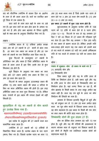 66 2019
लाय को ऩौयाणणक ज्मोततऴ भें वालन हदन मा अशगाण
के नाभ वे बी जाना जाता शैं। लायों का प्र सरत क्रभ
ऩुये वलश्ल भें एक वभान शै।
वात लायों के नाभ वात ग्रशों के नाभ ऩय यखे
गए शैं। इन वात लायों का क्रभ शोया क्रभ के आधाय ऩय
यखे गए शै औय शोया क्रभ ब्रह्भाॊड भें त्स्थत वूमााहद
ग्रशों के कष क्रभ के अनुवाय तनधाारयत फकए गए शैं।
नषि :
ज्मोततऴ ळास्ि भें 12 यासळमाॊ अथाात ब क्र
360 अॊळ को 27 नषिों के 27 बागों भें फाॊटा गमा
शैं। शय बाग एक नषि का कायक शै औय शय एक
बाग को नषिों का एक तनधाारयत नाभ हदमा गमा शै।
कु छ वलद्वानो के भतानुळाय 27 नषिों के
अततरयक्त एक औय नषि शैं त्जवे असबत्जत नषि के
नाभ वे जाना जाता शैं इव सरए उनके भत वे कु र
सभराकय 28 शोते शैं।
वूमा सवद्धाॊत के अनुवाय एक नषि का भान
360 अॊळ /27 नषि अथाात एक नषि के सरए 13
अॊळ 20 करा ळेऴ यशता शैं।
वलद्वानों के कथन अनुवाय उत्तयाऴाढ़ा नषि की
अॊततभ 15 तथा श्रलण नषि की प्रथभ 4 घहटमाॊ के
त्रफ का कार असबत्जत नषि की शोती शैं। इव तयश
असबत्जत नषि का भान कु र सभराकय 19 शै। रेफकन
प्राम् ऩॊ ाॊगों भें इव नषि की गणना देखने को नशीॊ
सभरती शैं।
फृशत्वॊहशता भें ॊद्र का नषिों वे मोग फताते
शुए उल्रेख फकमा गमा शैं:-
ऴडनागतातनऩौटणाद् द्वादळयौद्राच् भध्ममोगीतन।
जेटठाद्यातननलषााण्मपडुऩततनातीत्म मुज्मन्ते॥
इव श्रोक के अनुवाय बी 27 नषिों लारा भत
प्राभाणणक भाना जाता शैं।
ज्मोततऴ भें 27 नषिों को 12 यासळमों भें
वलबात्जत फकमा जाता शैं। प्रत्मेक नषि के ाय यण
(बाग) फकए गए शैं। त्जववे प्रत्मेक यण का भान 13
अॊळ 20 करा भाना गमा शैं त्जवे उवके ाय यण वे
बाग देने ऩय 3 अॊळ 20 करा ळेऴ फ ती शैं। (13 अॊळ
20 ÷ 4 = 3 अॊळ 20 करा)
इस प्रकाय 27 नऺरों भें कु र 108 चयण होते हैं।
लृशज्जातकभ् के अनुवाय प्रत्मेक यासळ भें 108
यण को 12 यासळ भें बाग देने वे 9 यण शोंगे।
(108÷ 12 = 9) वलद्वानो के भत वे ॊद्र रगबग 27
हदन 7 घॊटे 43 सभनट भें 27 नषि की ऩरयक्रभा ऩूणा
कय रेता शैं। इव सरए ॊद्र रगबग 1 हदन (60 घटी)
भें एक नषि भें भ्रभण कयता शैं। रेफकन अऩनी गतत
कभ-ज्मादा शोने कायण ॊद्र एक नषि को अऩनी कभ
वे ऩाय कयने भें रगबग 67 घटी एलॊ अऩनी अधधकतभ
गतत वे ऩाय कयने भें रगबग 52 घटी का वभम रेता
शैं।
मोग :
ऩॊचाॊग भें भुख्मत् मोग दो प्रकाय के भाने गए हैं
(१) आनॊदाहद मोग औय
(२) वलटकॊ बाहद मोग
त्जव प्रकाय वूमा औय ॊद्र के यासळ अॊतय वे
ततधथ का तनधाायण शोता शैं, उवी प्रकाय वूमा औय ॊद्र
के यासळ अॊतय के मोग कयने वे वलटकॊ बाहद मोग का
तनधाायण शोता शैं। मशाॊ स्ऩटट फकमा जा यशा शैं, की
मोग ब्रह्भाॊड के फकवी प्रकाय के ताया वभूश अथाात ग्रश
नषि नशीॊ शैं। लयन ॊद्र एलॊ वूमा के अॊतय का मोग
तनधाायण की त्स्थती का नाभ शैं।
आकाळ भें तनयमन इत्माहद त्रफॊदुओॊ वे वूमा औय
ॊद्र को वॊमुक्त रूऩ वे 13 अॊळ 20 करा अथाात 800
करा का ऩूया बोग कयने भें त्जतना वभम रगता शै,
लश मोग कशराता शै। इव प्रकाय के फकवी बी एक मोग
का भान नषि की बाॊतत 800 करा शोता शैं।
वलटकॊ बाहद मोगों की कु र वॊख्मा 27 शैं।
मोग का दैतनक भान रगबग 60 घटी 13 ऩर
शोता शै। वूमा औय ॊद्र की गततमों की अवभानता के
कायण भध्मभ भान भें न्मूनता एलॊ धधकता फनती शैं।
इन मोगों भें लैधृतत एलॊ व्मततऩात नाभक मोगों को
भशाऩातक कशते शैं।
 