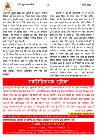76 2019
79
1879
22
1957 22
1957
365
366
78
4
100
400
12 :
31
30
31
30
22 ब 21
1400
23
21
वलासववद्धदामक भुहद्रका
इव भुहद्रका भें भूॊगे को ळुब भुशूता भें त्रिधातु (वुलणा+यजत+ताॊफें) भें जडला कय उवे ळास्िोक्त वलधध-
वलधान वे वलसळटट तेजस्ली भॊिो द्वारा वलासववद्धदामक फनाने शेतु प्राण-प्रततत्टठत एलॊ ऩूणा ैतन्म मुक्त
फकमा जाता शैं। इव भुहद्रका को फकवी बी लगा के व्मत्क्त शाथ की फकवी बी उॊगरी भें धायण कय
वकते शैं। मशॊ भुहद्रका कबी फकवी बी त्स्थती भें अऩवलि नशीॊ शोती। इवसरए कबी भुहद्रका को
उतायने की आलश्मक्ता नशीॊ शैं। इवे धायण कयने वे व्मत्क्त की वभस्माओॊ का वभाधान शोने
रगता शैं। धायणकताा को जीलन भें वपरता प्रात्प्त एलॊ उन्नतत के नमे भागा प्रवस्त शोते यशते शैं
औय जीलन भें वबी प्रकाय की सववद्धमाॊ बी ळीध्र प्राप्त शोती शैं। भूल्म भार- 6400/-
>> Shop Online | Order Now
(नोट: इव भुहद्रका को धायण कयने वे भॊगर ग्रश का कोई फुया प्रबाल वाधक ऩय नशीॊ शोता शैं।)
सवालसविदामक भुहरका के ववषम भें अधधक जानकायी के लरमे हेतु सम्ऩका कयें।
GURUTVA KARYALAY
Call us: 91 + 9338213418, 91+ 9238328785
Mail Us: gurutva.karyalay@gmail.com, gurutva_karyalay@yahoo.in,
Visit Us: www.gurutvakaryalay.com | www.gurutvajyotish.com | www.gurutvakaryalay.blogspot.com
 