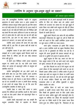 79 2019
ज्मोततऴ के अनुळाय ळुब-अळुब भुशूता का प्रबाल?
 वॊकरन गुरुत्ल कामाारम
आज की अत्माधुतनक लैसातनक ऩद्धतत के अनुवाय
ब्रह्भाणड भें वभम अथाात कार ल अनॊत आकाळ के
अततरयक्त वभस्त लस्तुएॊ भमाादा मुक्त शैं। इव सरए वभम
का न शी कोई प्रायॊब शै न शी कोई अॊत शै। अन्म ळब्दों भें
वभझे तो शभ एवे कोई बी वलळेऴ षण को ध त्न्शत नशीॊ
कश वकते फक कफ वभम अत्स्तत्ल भें आमा मा वभम इव
षण वे आयॊब शोता शै। इवी तयश शभ मश बी नशीॊ कश
वकते शै फक, इव षण के फाद वभम का अत्स्तत्ल
वभाप्त शो जाएगा?, मा वभम मशाॉ रुक जाएगा।
क्मोफक अनॊत आकाळ की वभम की तयश कोई
भमाादा नशीॊ शै, इव सरए तो इवका कशीॊ बी प्रायॊब मा
अॊत नशीॊ शोता शैं।
आधुतनक भानल ने इन दोनों तत्लों को शभेळा
वभझने का ल अऩने अनुवाय इनभें वल यण कयने का
प्रमाव फकमा शै, रेफकन उवे बी तक कोई वपरता
प्राप्त नशीॊ शुई शै।
मे दोनों तत्ल वलसबन्न रुऩोंभें अऩना भशातम्म
भनुटम ऩय जभाते आए शै। मश दोनों तत्ल भानल
जीलन को अत्मॊत शी भशत्लऩूण्ाा तयीके वे भानुटम को
प्रबावलत कयते शै।
प्रा ीन ऋऴी-भुतनमों को इन दोनों तत्लों का
बरी बाॊतत फोध था। इव सरए उन्शोंने अऩने आत्भीम
एलॊ भनोफरव वे वाभ्मा, ध त्त की एकाग्रता ल
के त्न्द्रत ध्मान वे, ऩूण्ाा ैतन्म ल अद्धा ैतन्म ळत्क्त ल
फर वे एलॊ उच् कोहट के सान ल अऩनी हदव्म सान षु
वे इन तत्लों को वभझ सरमा था जो फक आज फक
अत्माधुतनक तकनीक वे कोवों दूय शैं।
उन्शोंने देखा ल जाना कै वे वभम ल अनॊत
ब्रह्भाॊड फक ळत्क्तमाॊ शभें प्रबावलत कयती शै, कै वे नषिा
ल ग्रशों का भेर शभाये जीलन को भशत्त्लऩूण्ाा हदळा ल
ऩरयलतान देता शै।
उन्शोंने वफवे भशत्त्लऩूण्ाा फात मश वभझी फक
भनुटम आकाळीम वऩॊडों के वशमोग वे फकतने
आश् माजनक रुऩ वे अऩने भशत्लऩूणा कामों भें वपरता
प्रात्प्त के सरए एलॊ जीलन क्रभ को अथाात अऩने
बवलटम को उज्जलर कय वकता शैं। एक ळुब भुशूता भें
प्रायॊब फकमा गमा कोबी कामा भनुश्म को ळीघ्र शी जीलन
भें वबी प्रकाय वुख को प्राप्त कय अनेको उऩरत्ब्धमाॊ
हदराने भें वभथा शोता शैं।
भुशूता शभाये वल नो या खोज की गई वलााधधक
भशत्त्लऩूण्ाा ऩरयकल्ऩना शै। भुशूता का अथा शै फकवी बी
कामा को कयने के सरए वफवे वलााधधक उत्तभ वभम
मा ळुब वभम ल ततधथ का मन कयना।
कामा ऩूण्ाात् परदामक शो इवके सरए वभस्त
ग्रशों ल अन्म ज्मोततऴ तत्लों का वूक्ष्भ वलश्रेऴण फकमा
जाता शै फक ले दुटप्रबालों को वलपर कय देते शै। ले
भनुटम की जन्भ कु ण्डरी की वभस्त फाधाओॊ को दूय
कयने भें ल दुमोगों को शटाने भें वशामक शोते शैं।
भुशूता भनुटम के सरए ग्रश, नषि एलॊ मोग का
ऎवा अनूठा वॊगभ शै फक लश कामा कयने लारे भनुटम
को ऩूण्ाात् वपरता की ओय उन्भुख कय देता शै।
इव सरए वल नो का भत शैं की भनुटम जफ बी
अऩने जीलन भें ऎवा भशत्लऩूणा कामा कयने जा यशा शों,
त्जवभें उवका अधधक वभम ल ळत्क्त प्रमोग भें शुला शो
अथला इव कामा का भनुटम के जीलन ऩय कापी वभम
तक प्रबाल यशने लारा शो, तफ उवे मश कामा ळुब भुशूता
भें शी कयना ाहशए। त्जववे मश कामा अतत ळीघ्र
परदामक शोगा ल लशॉ अधधक वुखभमी ल वॊतुटट
जीलन व्मतीत कय वके ।
ज्मोततऴ वल भें कामा का प्रायॊब वभम,
कु ण्डरी ल उवकी गणना कयके फकमा जाता शै। इव
सरए फकवी बी ळुबकामा कयने के सरए उवके प्रायॊब
कयने का वभम अथाात भुशूता अतत भशत्लऩूण्ाा शोता शै।
भनुटम का बवलटम एलॊ जीलन की भशत्लऩूणा घटनाएॉ
इव फात ऩय तनबाय कयती शैं फक उवका जन्भ फकव
वभम शुआ था। रेफकन भनुटम फक वलडम्फना तो मश
 