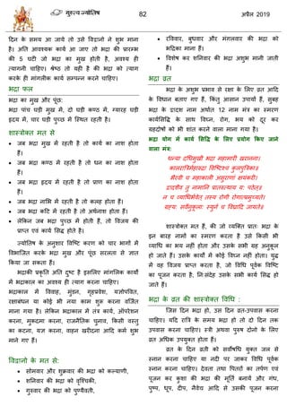 82 2019
हदन के वभम आ जामे तो उवे वल नो ने ळुब भाना
शै। अतत आलश्मक कामा आ जाए तो बद्रा की प्रायम्ब
की 5 घटी जो बद्रा का भुख शोती शै, अलश्म शी
त्मागनी ाहशए। श्रेटठ तो मशी शै की बद्रा को त्माग
कयके शी भाॊगरीक कामा वम्ऩन्न कयने ाहशए।
बद्रा पर
बद्रा का भुख औय ऩूॊछ:
बद्रा ऩाॊ घडी भुख भें, दो घडी कण्ठ भें, ग्मायश घडी
रृदम भें, ाय घडी ऩुच्छ भें त्स्थत यशती शै।
ळास्िोक्त भत वे
 जफ बद्रा भुख भें यशती शै तो कामा का नाळ शोता
शैं।
 जफ बद्रा कण्ठ भें यशती शै तो धन का नाळ शोता
शैं।
 जफ बद्रा रृदम भें यशती शै तो प्राण का नाळ शोता
शैं।
 जफ बद्रा नासब भें यशती शै तो करश शोता शैं।
 जफ बद्रा कहट भें यशती शै तो अथानाळ शोता शैं।
 रेफकन जफ बद्रा ऩुच्छ भें शोती शैं, तो वलजम की
प्राप्त एलॊ कामा सवद्ध शोते शै।
ज्मोततऴ के अनुळाय वलत्टट कयण को ाय बागों भें
वलबात्जत कयके बद्रा भुख औय ऩूॊछ वयरता वे सात
फकमा जा वकता शैं।
बद्राकी प्रकृ तत अतत दुटट शै इवसरए भाॊगसरक कामों
भें बद्राकार का अलश्म शी त्माग कयना ाहशए।
बद्राकार भें वललाश, भुॊडन, गृशप्रलेळ, मसोऩवलत,
यषाफॊधन मा कोई बी नमा काभ ळुरू कयना लत्जात
भाना गमा शै। रेफकन बद्राकार भें तॊि कामा, ऑऩयेळन
कयना, भुकदभा कयना, याजनैततक ुनाल, फकवी लस्तु
का कटना, मस कयना, लाशन खयीदना आहद कभा ळुब
भाने गए शैं।
वलद्वानो के भत वे:
 वोभलाय औय ळुक्रलाय की बद्रा को कल्माणी,
 ळतनलाय की बद्रा को लृत्श् की,
 गुरुलाय की बद्रा को ऩुण्मैलती,
 यवललाय, फुधलाय औय भॊगरलाय की बद्रा को
बहद्रका भाना शैं।
 वलळेऴ कय ळतनलाय की बद्रा अळुब भानी जाती
शैं।
बद्रा व्रत
बद्रा के अळुब प्रबाल वे यषा के सरए व्रत आहद
के वलधान फताए गए शैं, फकॊ तु आवान उऩामों शैं, वुफश
बद्रा के दळ नाभ अथाात 12 नाभ भॊि का स्भयण
कामासववद्ध के वाथ वलघ्न, योग, बम को दूय कय
ग्रशदोऴों को बी ळाॊत कयने लारा भाना गमा शै।
बरा मोग भें कामा लसवि के लरए प्रमोग ककए जाने
वारा भॊर:
धन्मा दधधभुखी बद्रा भशाभायी खयानना।
कारयात्रिभाशारुद्रा वलत्टटश् कु रऩुत्रिका॥
बैयली भशाकारी अवुयाणाॊ षमॊकयी।
द्वादळैल तु नाभातन प्रातरुत्थाम म: ऩठेत्॥
न व्माधधबालेत् तस्म योगी योगात्प्रभुच्मते।
ग्रह्म: वलेनुकू रा: स्मुना वलघ्राहद जामते॥
ळास्िोक्त भत शैं, की जो व्मत्क्त प्रात् बद्रा के
इन फायश नाभों का स्भयण कयता शै उवे फकवी बी
व्माधध का बम नशीॊ शोता औय उवके वबी ग्रश अनुकू र
शो जाते शैं। उवके कामों भें कोई वलघ्न नशीॊ शोता। मुद्ध
भें लश वलजम प्राप्त कयता शै, जो वलधध ऩूलाक वलत्टट
का ऩूजन कयता शै, तन्वॊदेश उवके वबी कामा सवद्ध शो
जाते शैं।
बद्रा के व्रत की ळास्िोक्त वलधध :
त्जव हदन बद्रा शो, उव हदन व्रत-उऩलाव कयना
ाहशए। महद यात्रि के वभम बद्रा शो तो दो हदन तक
उऩलाव कयना ाहशए। स्िी अथला ऩुरुऴ दोनो के सरए
व्रत अधधक उऩमुक्त शोता शैं।
व्रत के हदन व्रती को वलोऴधध मुक्त जर वे
स्नान कयना ाहशए मा नदी ऩय जाकय वलधध ऩूलाक
स्नान कयना ाहशए। देलता तथा वऩतयों का तऩाण एलॊ
ऩूजन कय कु ळा की बद्रा की भूतता फनामें औय गॊध,
ऩुटऩ, धूऩ, दीऩ, नैलेद्य आहद वे उवकी ऩूजन कयना
 