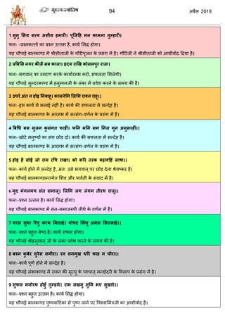 94 2019
1 सुनु लसम सत्म असीस हभायी। ऩूश्जहह भन काभना तुम्हायी।
पर् -प्रश्नकत्ताा का प्रश्न उत्तभ शै, कामा सवद्ध शोगा।
मश ौऩाई फारकाण्ड भें श्रीवीताजी के गौयीऩूजन के प्रवॊग भें शै। गौयीजी ने श्रीवीताजी को आळीलााद हदमा शै।
2 प्रत्रफलस नगय कीजै सफ काजा। हृदम याखख कोसरऩुय याजा।
पर्-बगलान ् का स्भयण कयके कामाायम्ब कयो, वपरता सभरेगी।
मश ौऩाई वुन्दयकाण्ड भें शनुभानजी के रॊका भें प्रलेळ कयने के वभम की शै।
3 उघयें अॊत न होइ तनफाहू। कारनेलभ श्जलभ यावन याहू।।
पर्-इव कामा भें बराई नशीॊ शै। कामा की वपरता भें वन्देश शै।
मश ौऩाई फारकाण्ड के आयम्ब भें वत्वॊग-लणान के प्रवॊग भें शै।
4 त्रफधध फस सुजन कु सॊगत ऩयहीॊ। पतन भतन सभ तनज गुन अनुसयहीॊ।।
पर्-खोटे भनुटमों का वॊग छोड दो। कामा की वपरता भें वन्देश शै।
मश ौऩाई फारकाण्ड के आयम्ब भें वत्वॊग-लणान के प्रवॊग भें शै।
5 होइ है सोई जो याभ यधच याखा। को करय तयक फढावहहॊ साषा।।
पर्-कामा शोने भें वन्देश शै, अत् उवे बगलान ् ऩय छोड देना श्रेमटकय शै।
मश ौऩाई फारकाण्डान्तगात सळल औय ऩालाती के वॊलाद भें शै।
6 भुद भॊगरभम सॊत सभाजू। श्जलभ जग जॊगभ तीयथ याजू।।
पर्-प्रश्न उत्तभ शै। कामा सवद्ध शोगा।
मश ौऩाई फारकाण्ड भें वॊत-वभाजरुऩी तीथा के लणान भें शै।
7 गयर सुधा रयऩु कयम लभताई। गोऩद लसॊधु अनर लसतराई।।
पर्-प्रश्न फशुत श्रेटठ शै। कामा वपर शोगा।
मश ौऩाई श्रीशनुभान ् जी के रॊका प्रलेळ कयने के वभम की शै।
8 फरुन कु फेय सुयेस सभीया। यन सनभुख धरय काह न धीया।।
पर्-कामा ऩूणा शोने भें वन्देश शै।
मश ौऩाई रॊकाकाण्ड भें यालन की भृत्मु के ऩश् ात ् भन्दोदयी के वलराऩ के प्रवॊग भें शै।
9 सुपर भनोयथ होहुॉ तुम्हाये। याभ रखनु सुतन बए सुखाये।।
पर्-प्रश्न फशुत उत्तभ शै। कामा सवद्ध शोगा।
मश ौऩाई फारकाण्ड ऩुटऩलाहटका वे ऩुटऩ राने ऩय वलश्लासभिजी का आळीलााद शै।
 