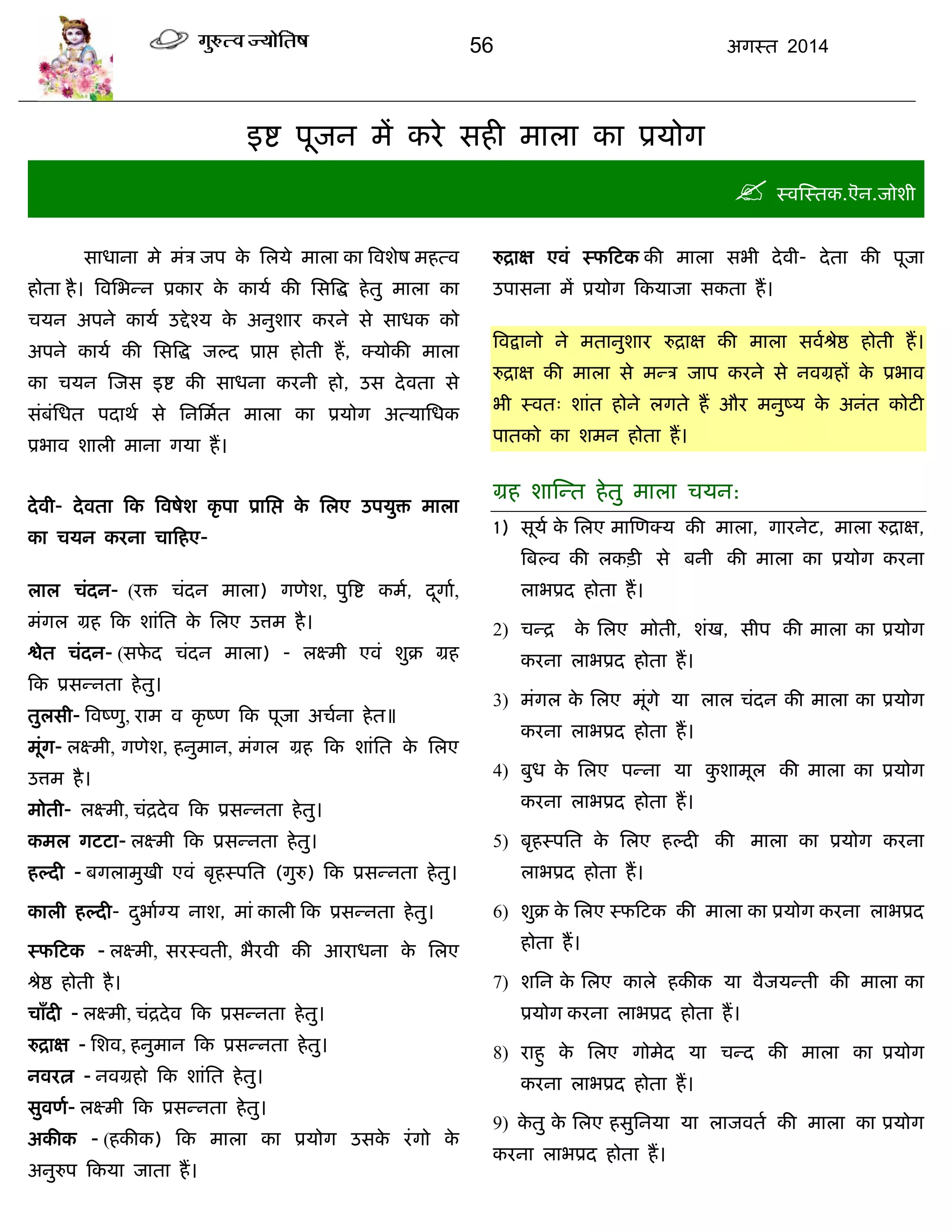 56 अगस्त 2014
इद्श ऩूजन भं कये सही भारा का प्रमोग
 स्वस्स्तक.ऎन.जोशी
साधाना भे भॊि जऩ के सरमे भारा का त्रवशेष भहत्व
होता है। त्रवसबन्न प्रकाय के कामा की ससत्रद्ध हेतु भारा का
िमन अऩने कामा उद्देश्म के अनुशाय कयने से साधक को
अऩने कामा की ससत्रद्ध जल्द प्राद्ऱ होती हं, क्मोकी भारा
का िमन स्जस इद्श की साधना कयनी हो, उस देवता से
सॊफॊसधत ऩदाथा से सनसभात भारा का प्रमोग अत्मासधक
प्रबाव शारी भाना गमा हं।
देवी- देवता फक त्रवषेश कृ ऩा प्रासद्ऱ के सरए उऩमुि भारा
का िमन कयना िाफहए-
रार िॊदन- (यि िॊदन भारा) गणेश, ऩुत्रद्श कभा, दूगाा,
भॊगर ग्रह फक शाॊसत के सरए उत्तभ है।
द्वेत िॊदन- (सपे द िॊदन भारा) - रक्ष्भी एवॊ शुक्र ग्रह
फक प्रसन्नता हेतु।
तुरसी- त्रवष्णु, याभ व कृ ष्ण फक ऩूजा अिाना हेत॥
भूॊग- रक्ष्भी, गणेश, हनुभान, भॊगर ग्रह फक शाॊसत के सरए
उत्तभ है।
भोती- रक्ष्भी, िॊद्रदेव फक प्रसन्नता हेतु।
कभर गटटा- रक्ष्भी फक प्रसन्नता हेतु।
हल्दी - फगराभुखी एवॊ फृहस्ऩसत (गुरु) फक प्रसन्नता हेतु।
कारी हल्दी- दुबााग्म नाश, भाॊ कारी फक प्रसन्नता हेतु।
स्पफटक - रक्ष्भी, सयस्वती, बैयवी की आयाधना के सरए
श्रेद्ष होती है।
िाॉदी - रक्ष्भी, िॊद्रदेव फक प्रसन्नता हेतु।
रुद्राऺ - सशव, हनुभान फक प्रसन्नता हेतु।
नवयत्न - नवग्रहो फक शाॊसत हेतु।
सुवणा- रक्ष्भी फक प्रसन्नता हेतु।
अकीक - (हकीक) फक भारा का प्रमोग उसके यॊगो के
अनुरुऩ फकमा जाता हं।
रुद्राऺ एवॊ स्पफटक की भारा सबी देवी- देता की ऩूजा
उऩासना भं प्रमोग फकमाजा सकता हं।
त्रवद्रानो ने भतानुशाय रुद्राऺ की भारा सवाश्रेद्ष होती हं।
रुद्राऺ की भारा से भन्ि जाऩ कयने से नवग्रहं के प्रबाव
बी स्वत् शाॊत होने रगते हं औय भनुष्म के अनॊत कोटी
ऩातको का शभन होता हं।
ग्रह शास्न्त हेतु भारा िमन:
1) सूमा के सरए भास्णक्म की भारा, गायनेट, भारा रुद्राऺ,
त्रफल्व की रकिी से फनी की भारा का प्रमोग कयना
राबप्रद होता हं।
2) िन्द्र के सरए भोती, शॊख, सीऩ की भारा का प्रमोग
कयना राबप्रद होता हं।
3) भॊगर के सरए भूॊगे मा रार िॊदन की भारा का प्रमोग
कयना राबप्रद होता हं।
4) फुध के सरए ऩन्ना मा कु शाभूर की भारा का प्रमोग
कयना राबप्रद होता हं।
5) फृहस्ऩसत के सरए हल्दी की भारा का प्रमोग कयना
राबप्रद होता हं।
6) शुक्र के सरए स्पफटक की भारा का प्रमोग कयना राबप्रद
होता हं।
7) शसन के सरए कारे हकीक मा वैजमन्ती की भारा का
प्रमोग कयना राबप्रद होता हं।
8) याहु के सरए गोभेद मा िन्द की भारा का प्रमोग
कयना राबप्रद होता हं।
9) के तु के सरए हसुसनमा मा राजवता की भारा का प्रमोग
कयना राबप्रद होता हं।
 